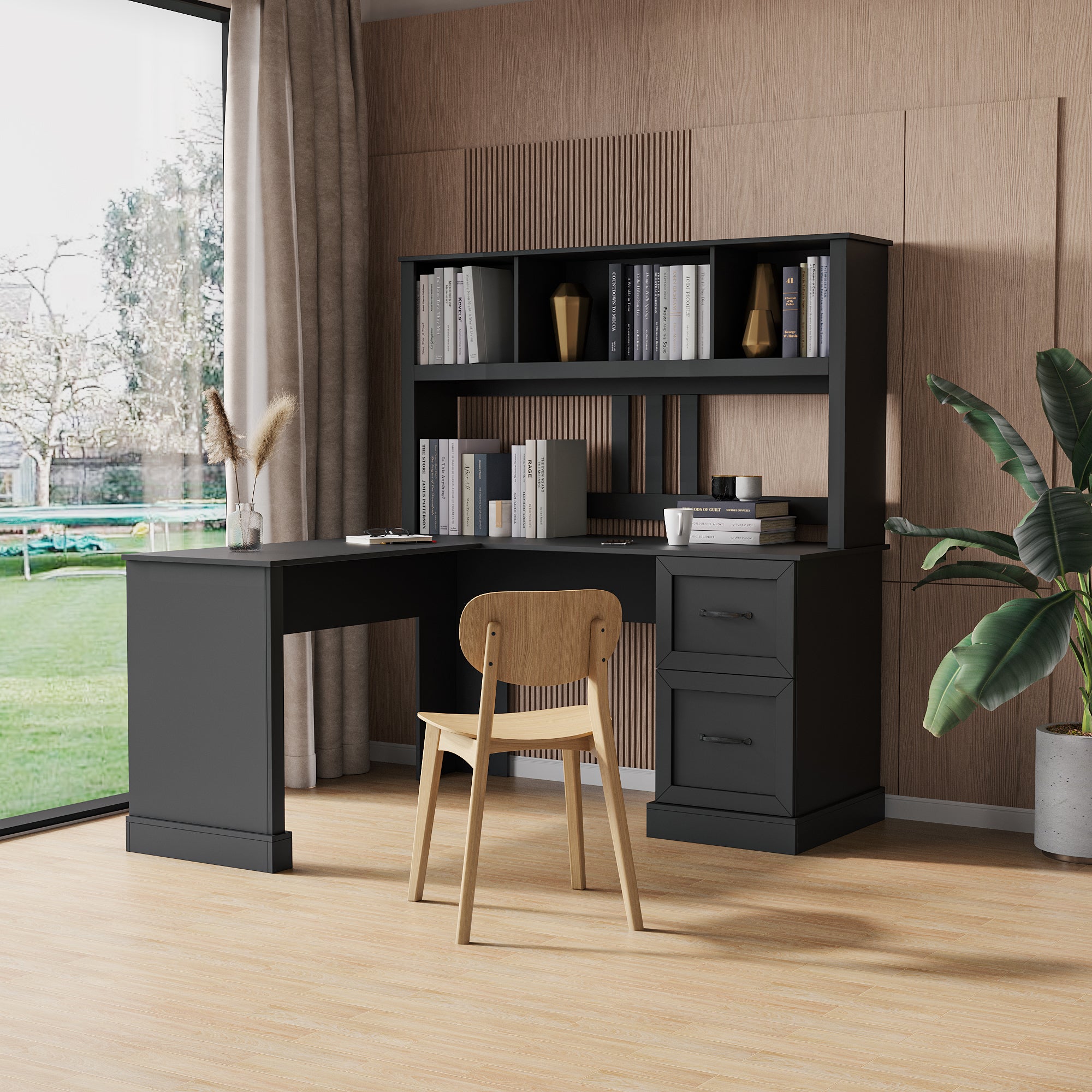 Home Office Desk with Hutch, Antiqued Black