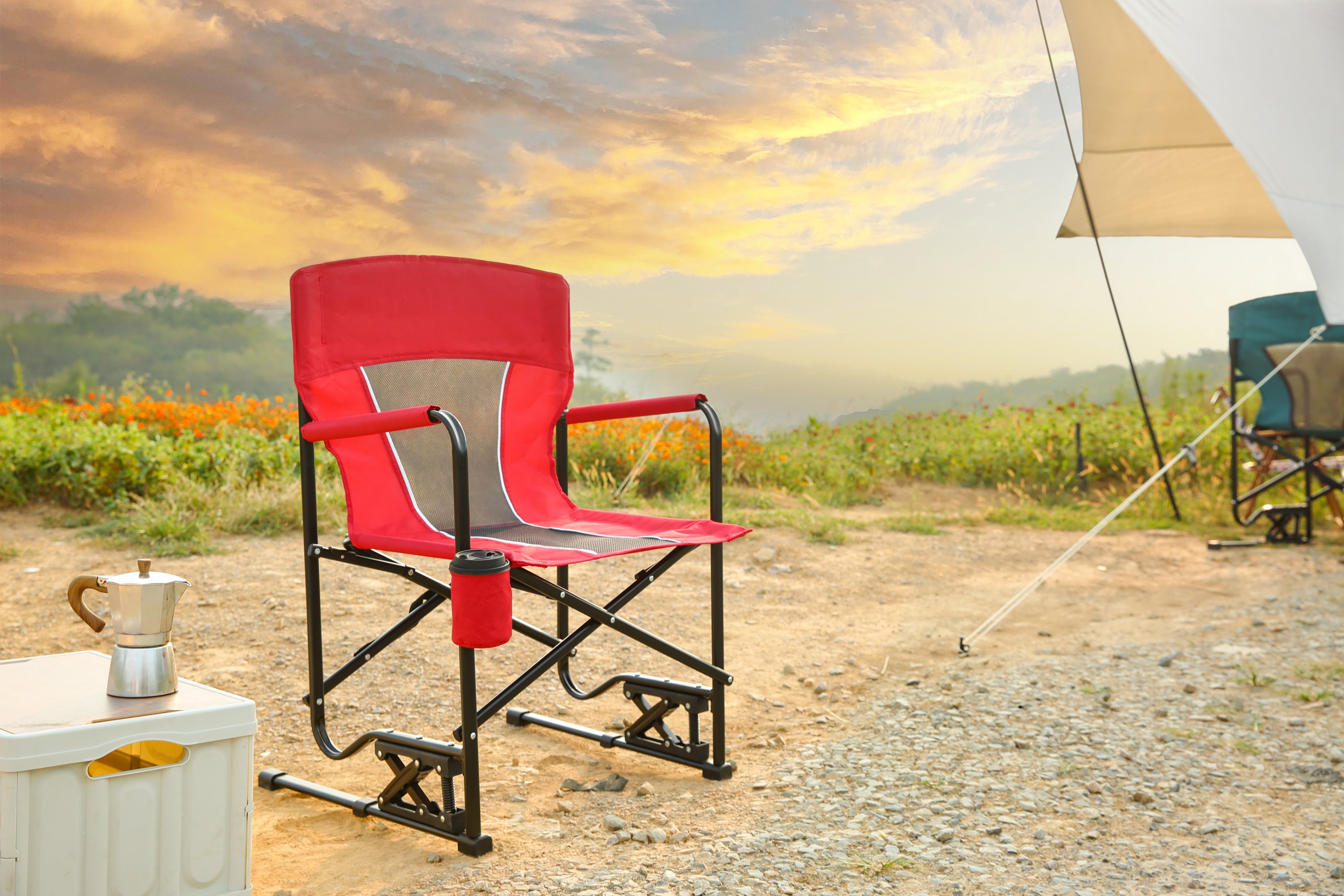 Portable Folding Rocker Camping Chair: Drink Holder, Armrests, Red