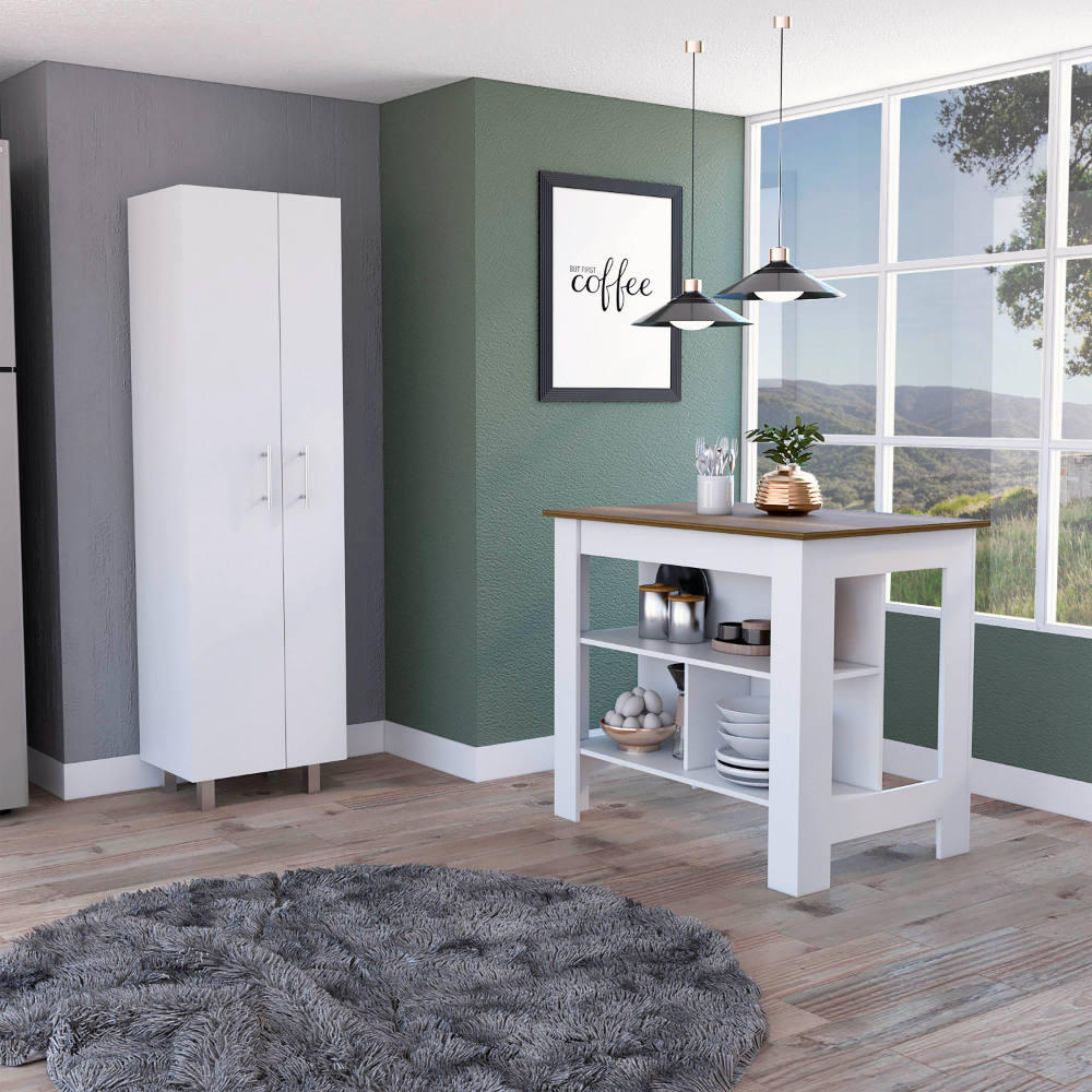 Hayne Kitchen Island & Pantry Set, White & Walnut