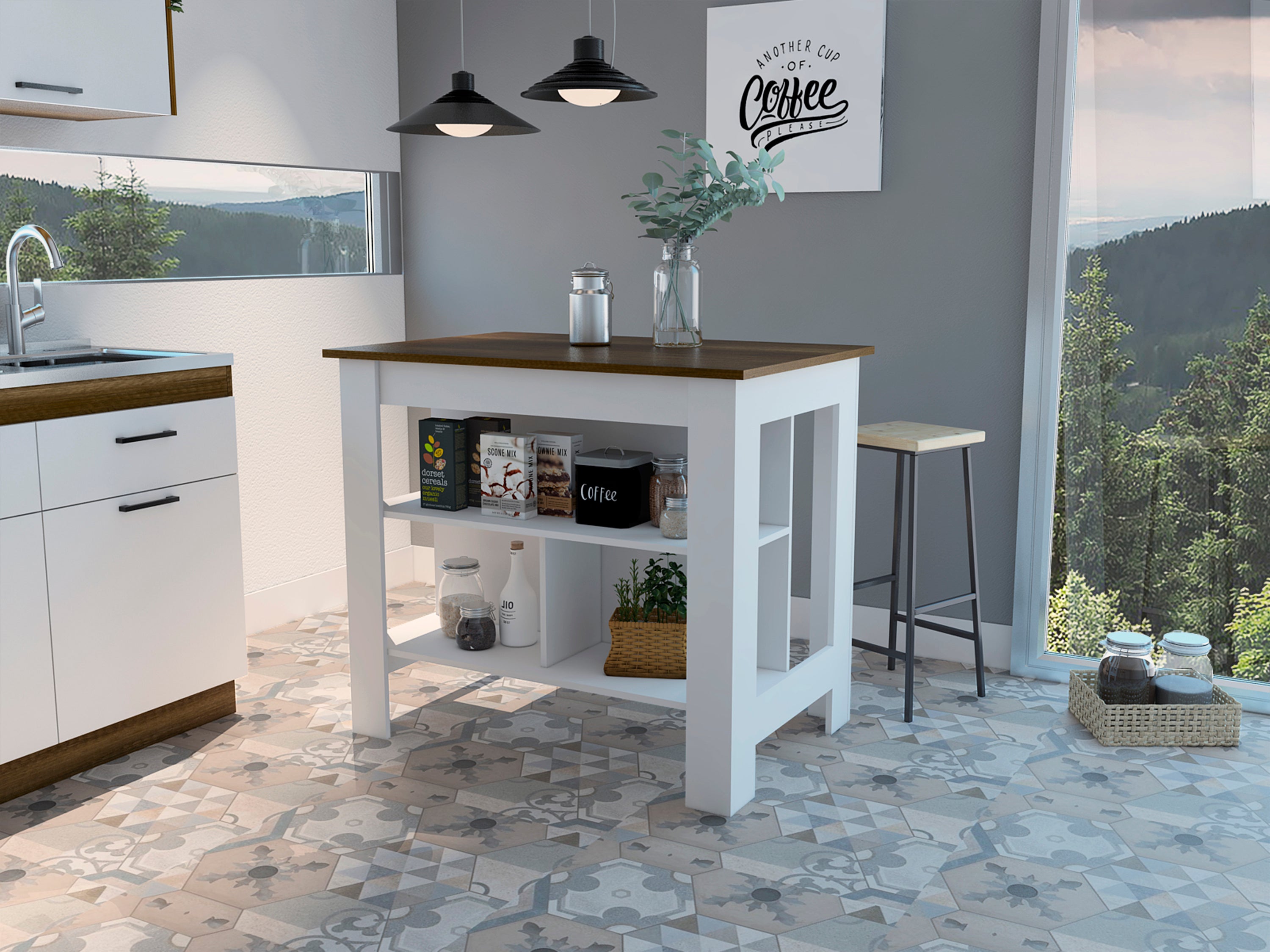 Rockaway 3-Shelf Kitchen Island - White & Walnut
