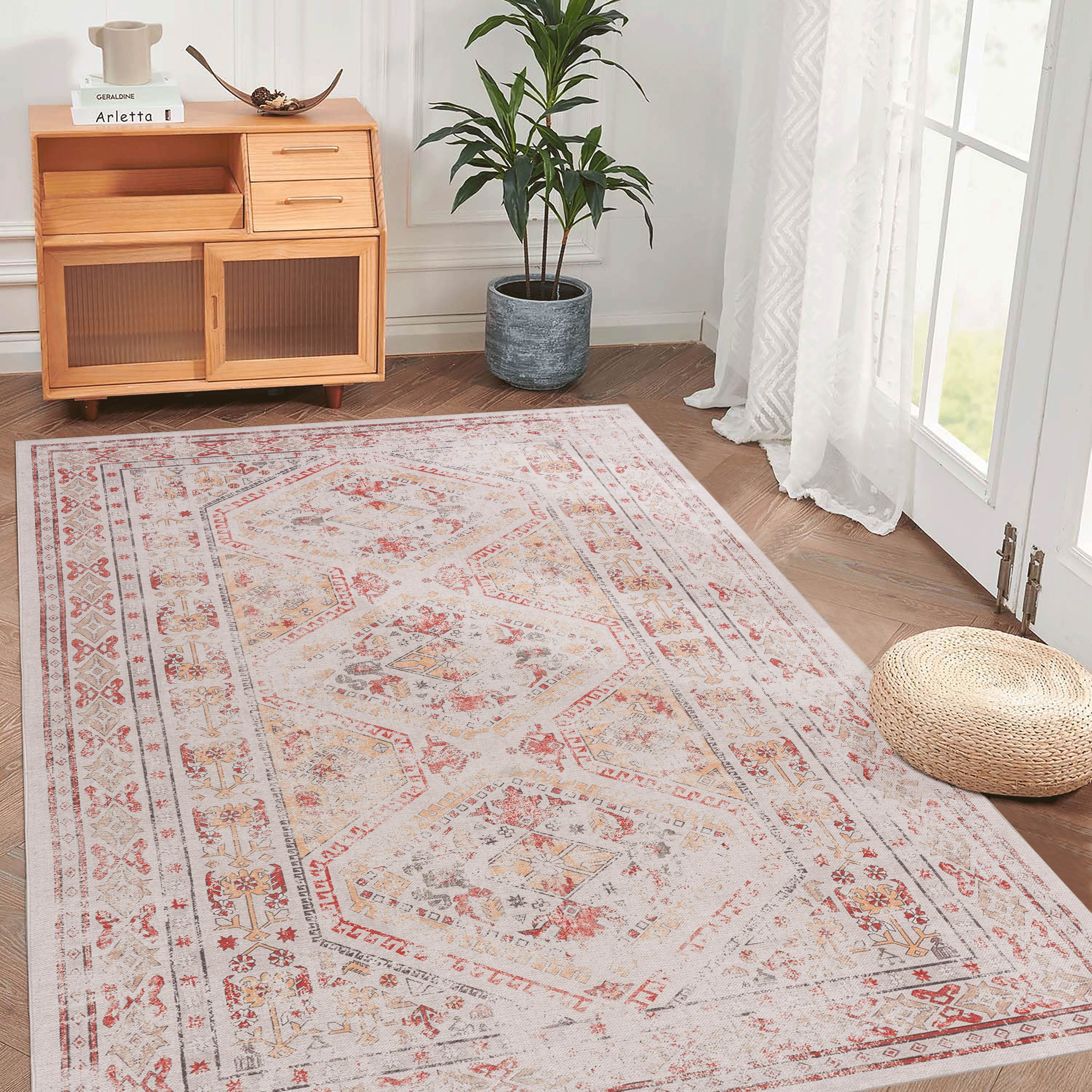 Washable 6x9 Area Rug: Beige, Non-Slip, Pet-Friendly