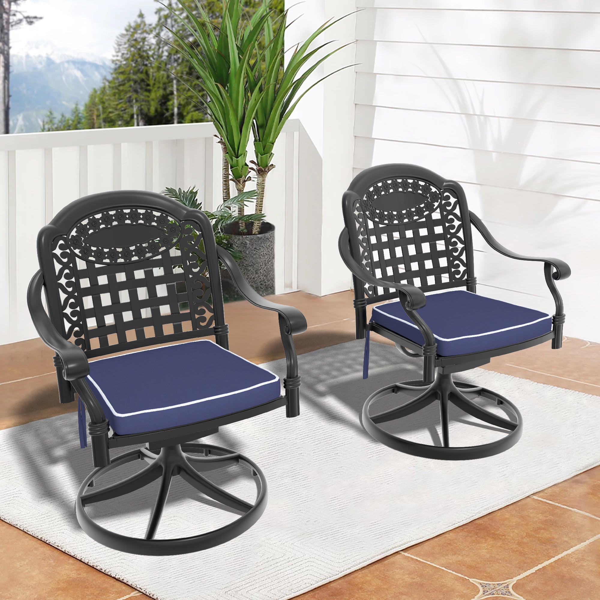 Cast Aluminum Patio Swivel Chair 2PC Black Frame Cushions