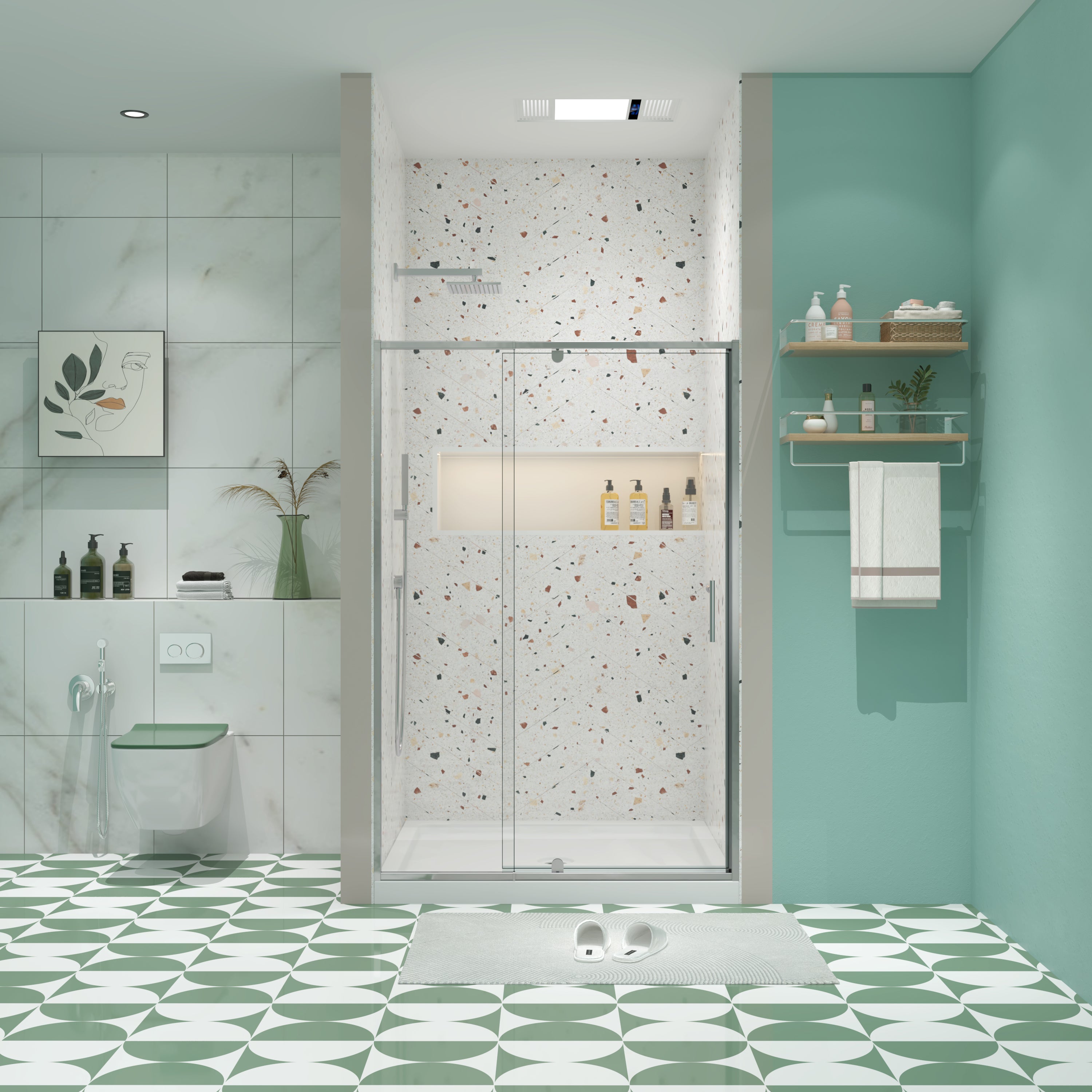 71"H Pivot Shower Door: 44-48"W, Frameless Glass
