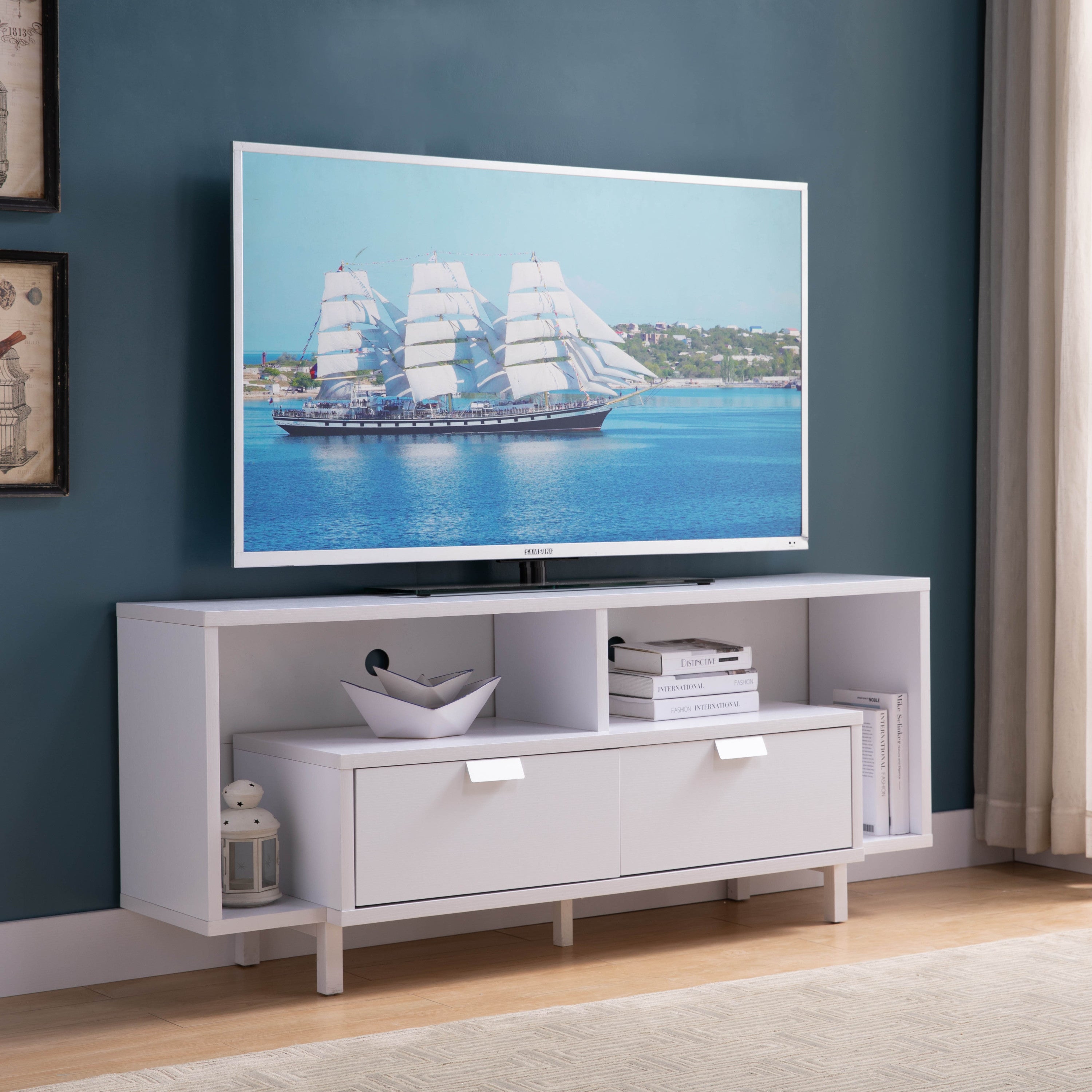 Modern White 60" TV Stand w/ Shelves & Drawers