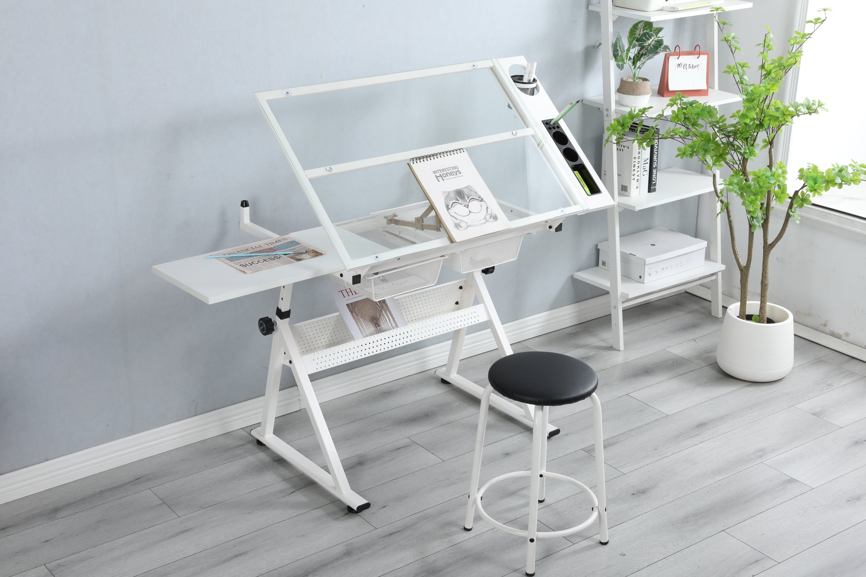 Adjustable Glass Drafting Table w/ Chair