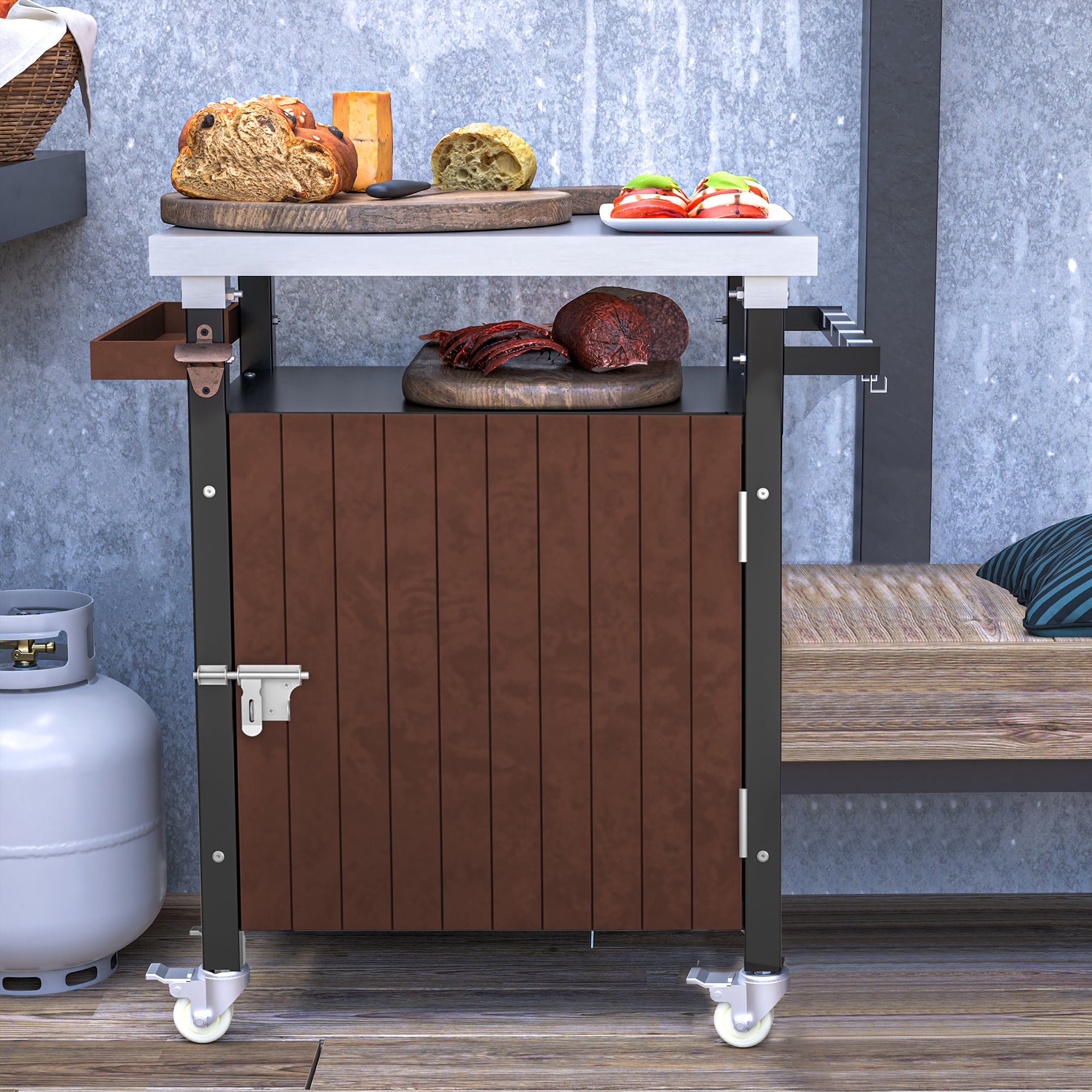 Stainless Steel Outdoor Grill Cart, Wheels, Storage, Hooks, BBQ Table