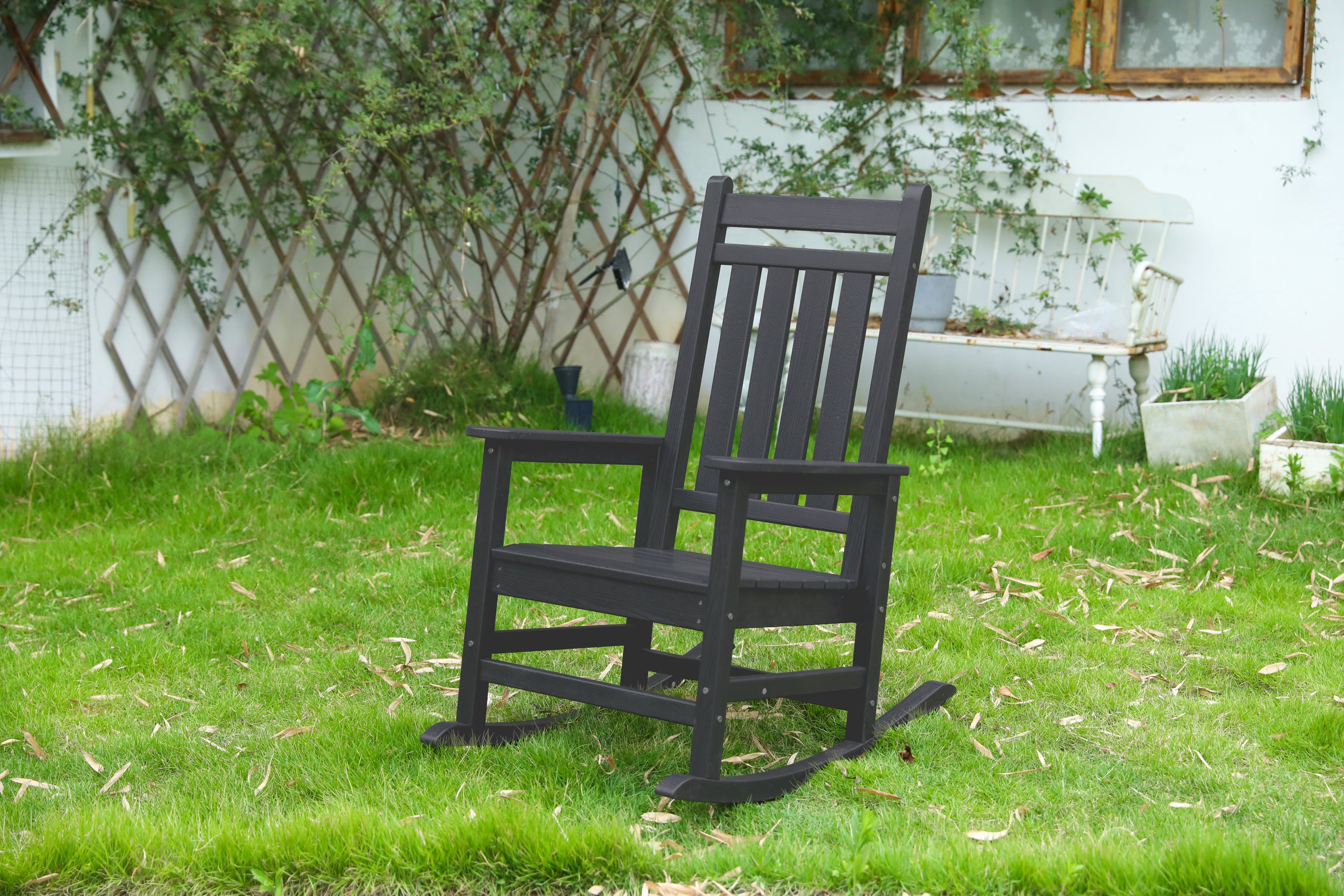Black Oversized Outdoor Rocking Chair - Weather-Resistant Wood Texture