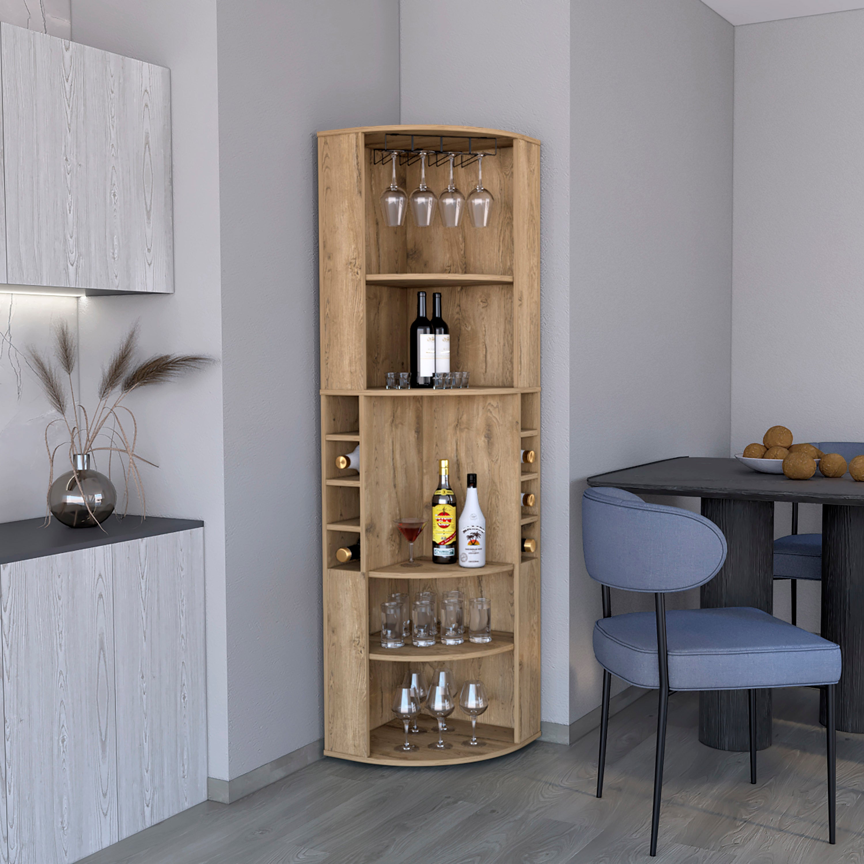 Macadamia Corner Bar Cabinet: 71"H, 5 Shelves, 8 Cubbies