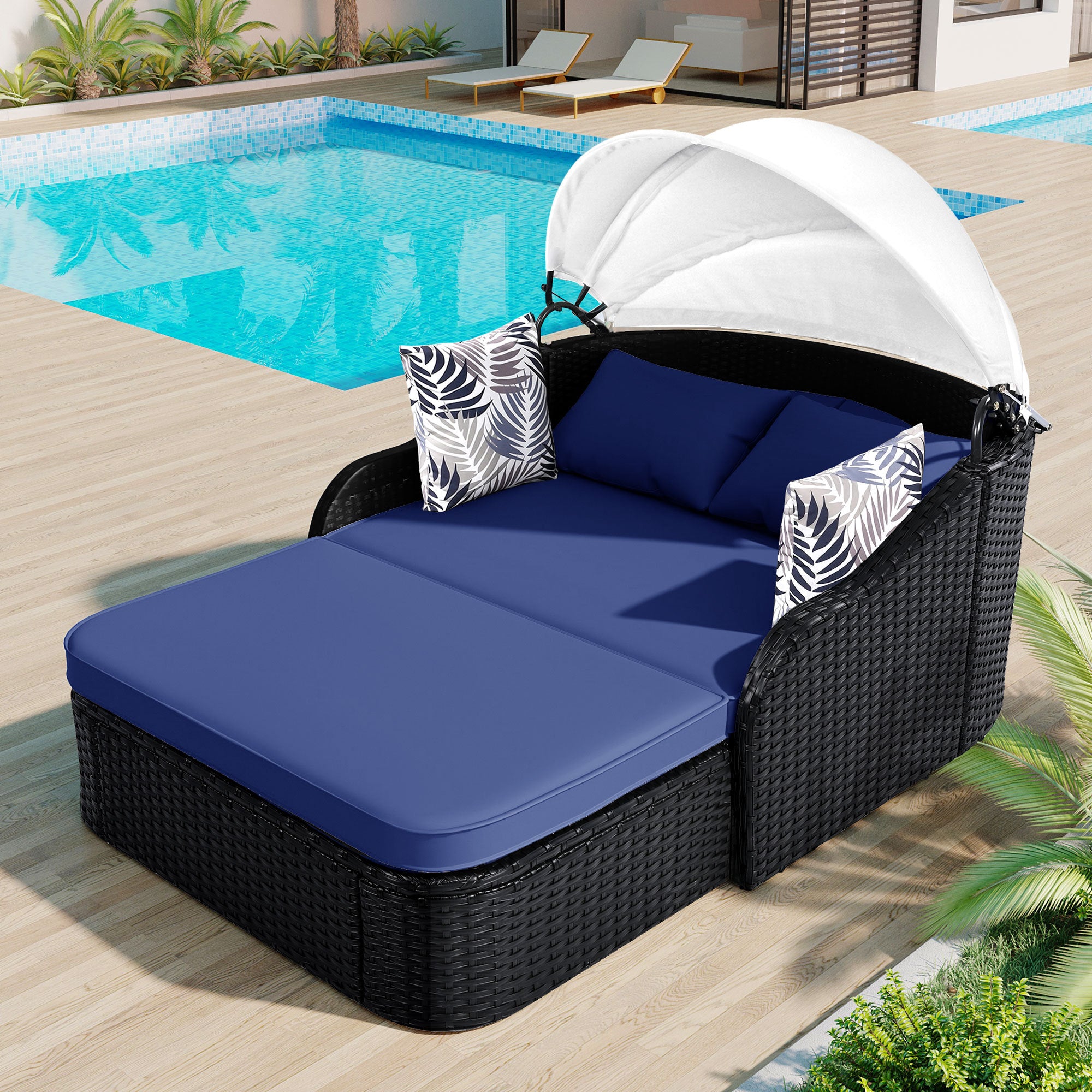 Outdoor Rattan Sunbed w/Adjustable Canopy & Blue Cushion