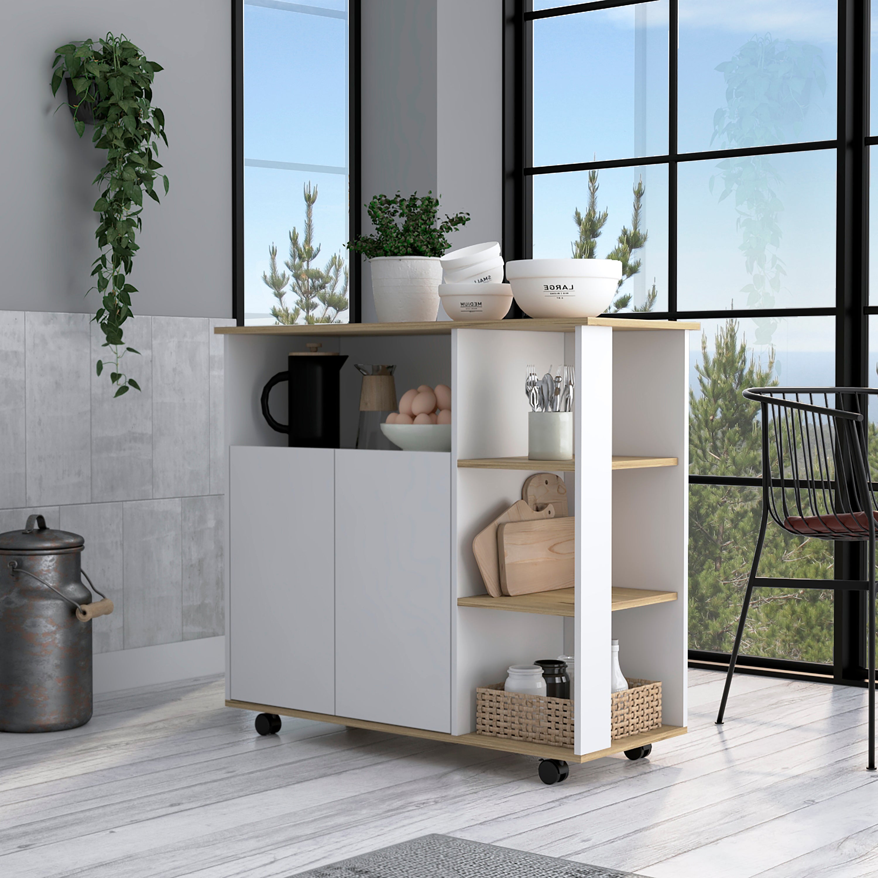 Kamkacht Kitchen Island, Light Oak & White, Storage & Shelves