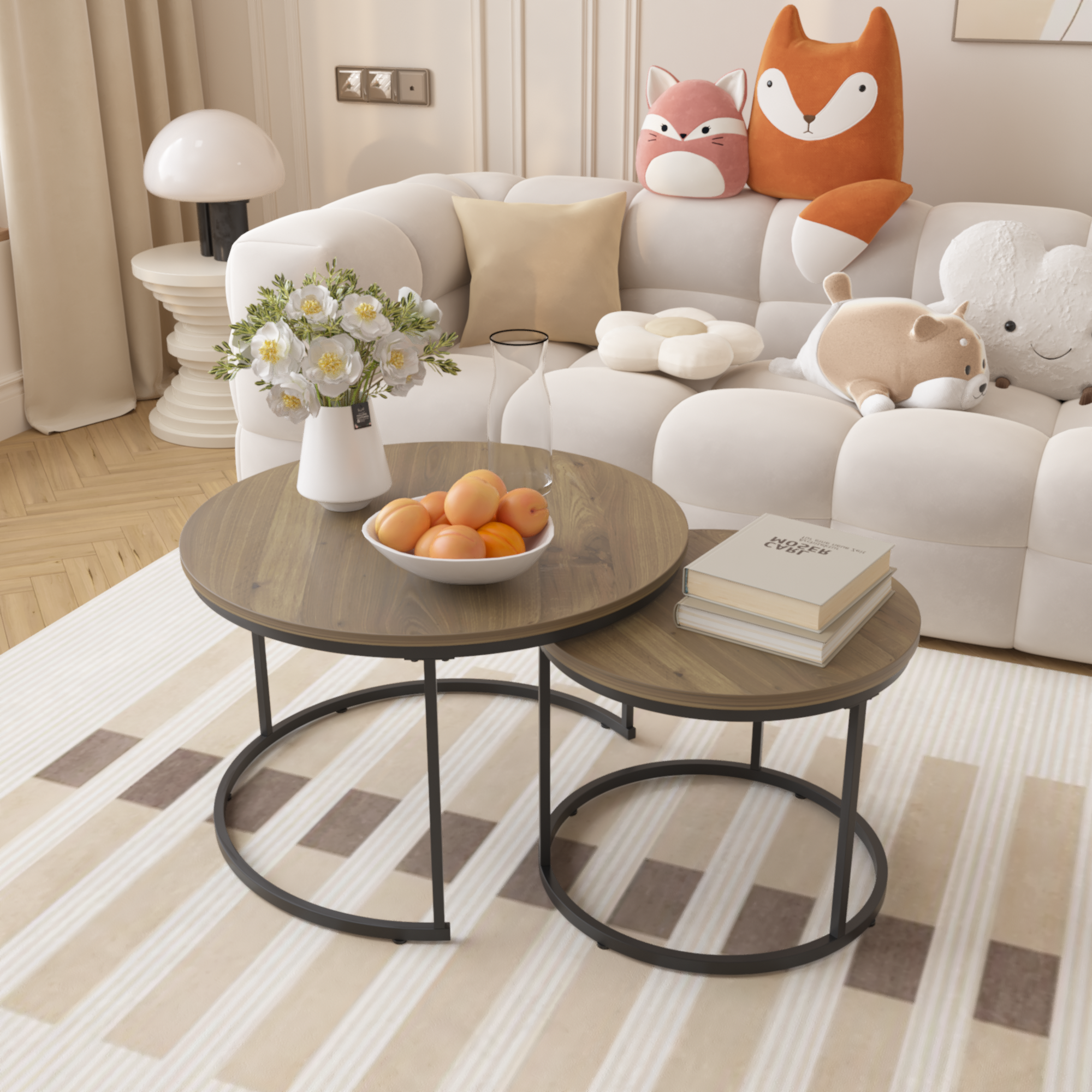 Nesting Coffee Table Set (2), 27.6" Round, Industrial Wood & Metal