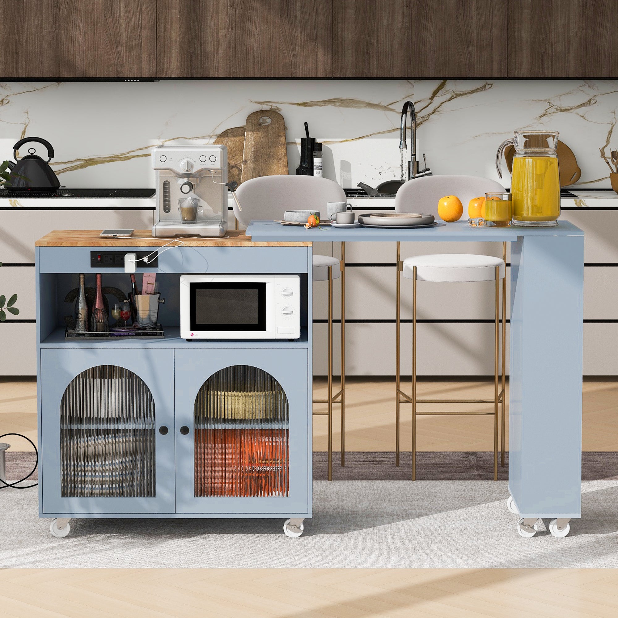 Rolling Kitchen Island w/ Extended Table, LED Lights & Power