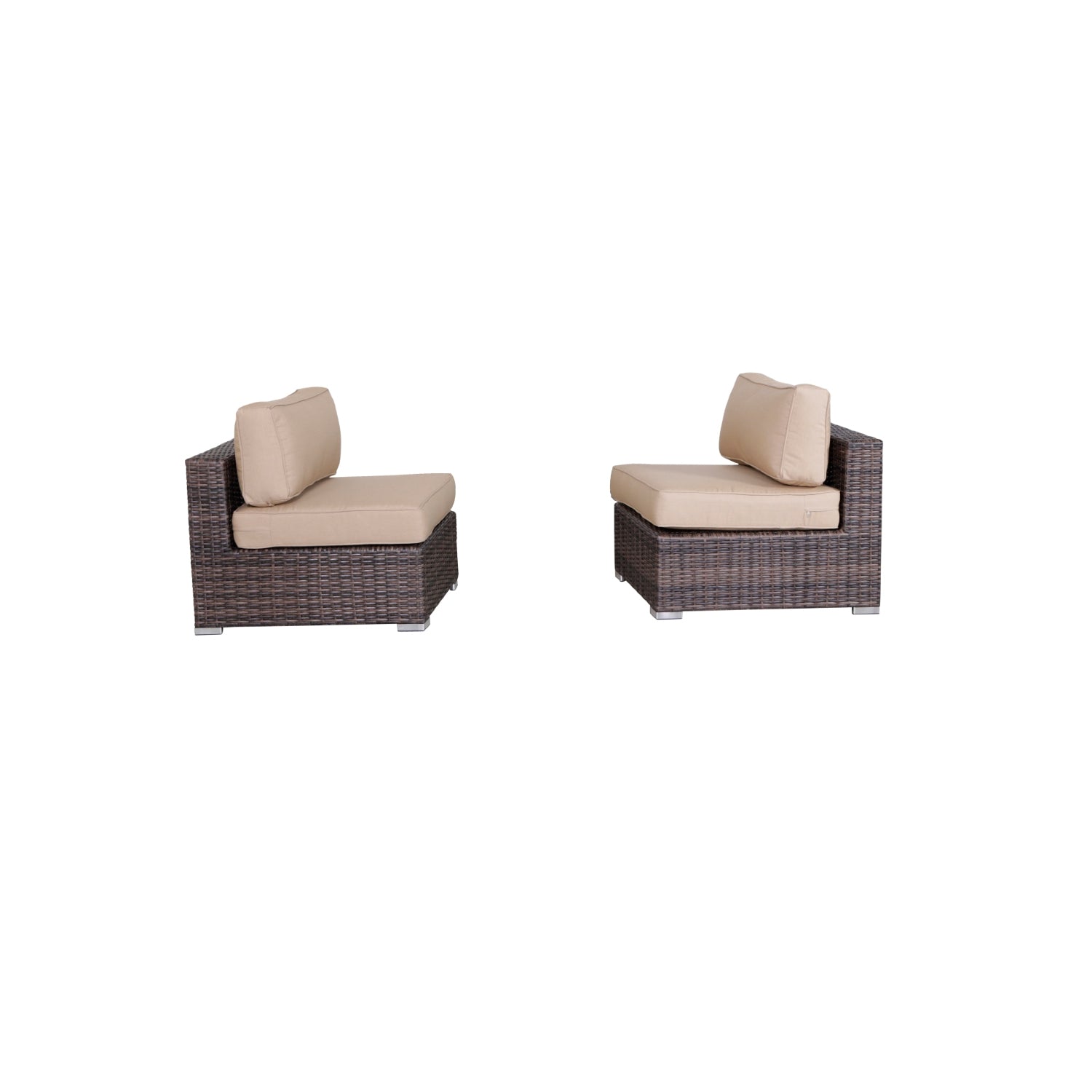 28" Armless Outdoor Chairs Set: Beige Wicker, Sunbrella Cushions