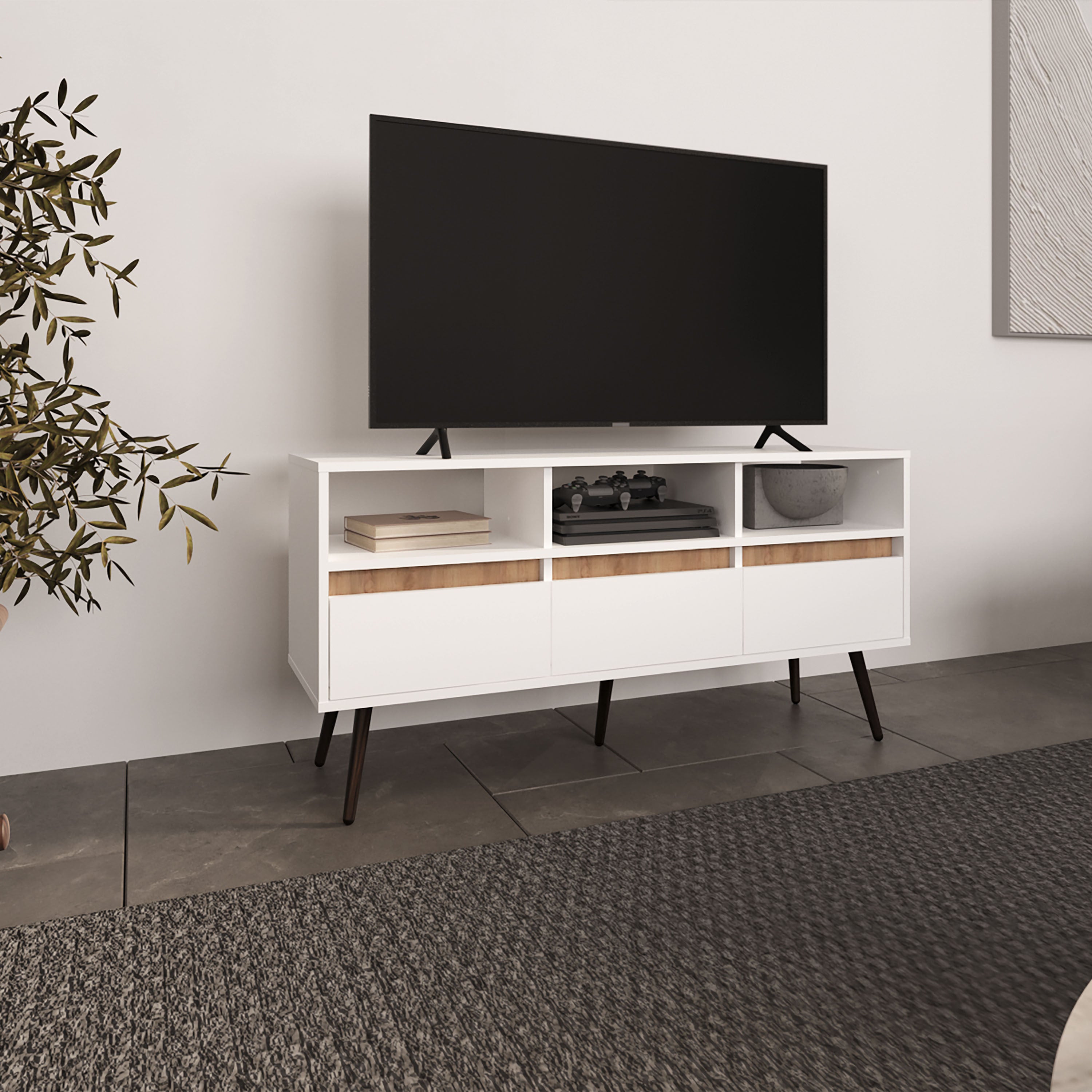 White TV Stand with Drawers & Shelves | Oak Accents