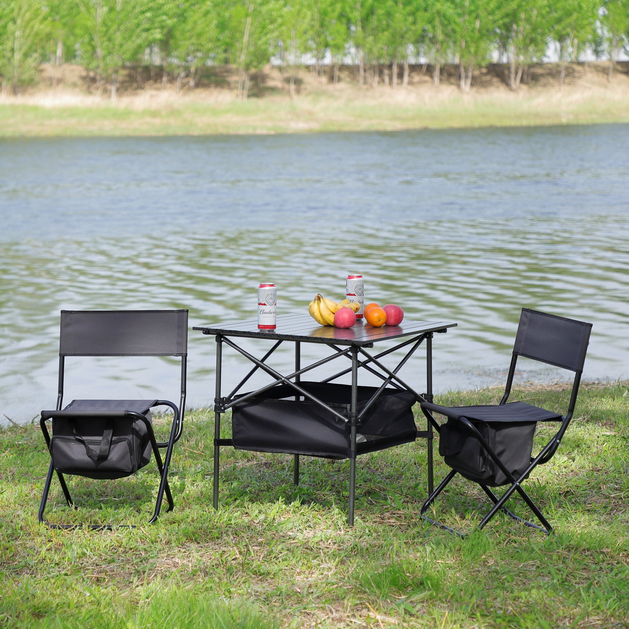 Black/Gray 3-Pc Folding Outdoor Table & Chairs Set - Camping, Patio