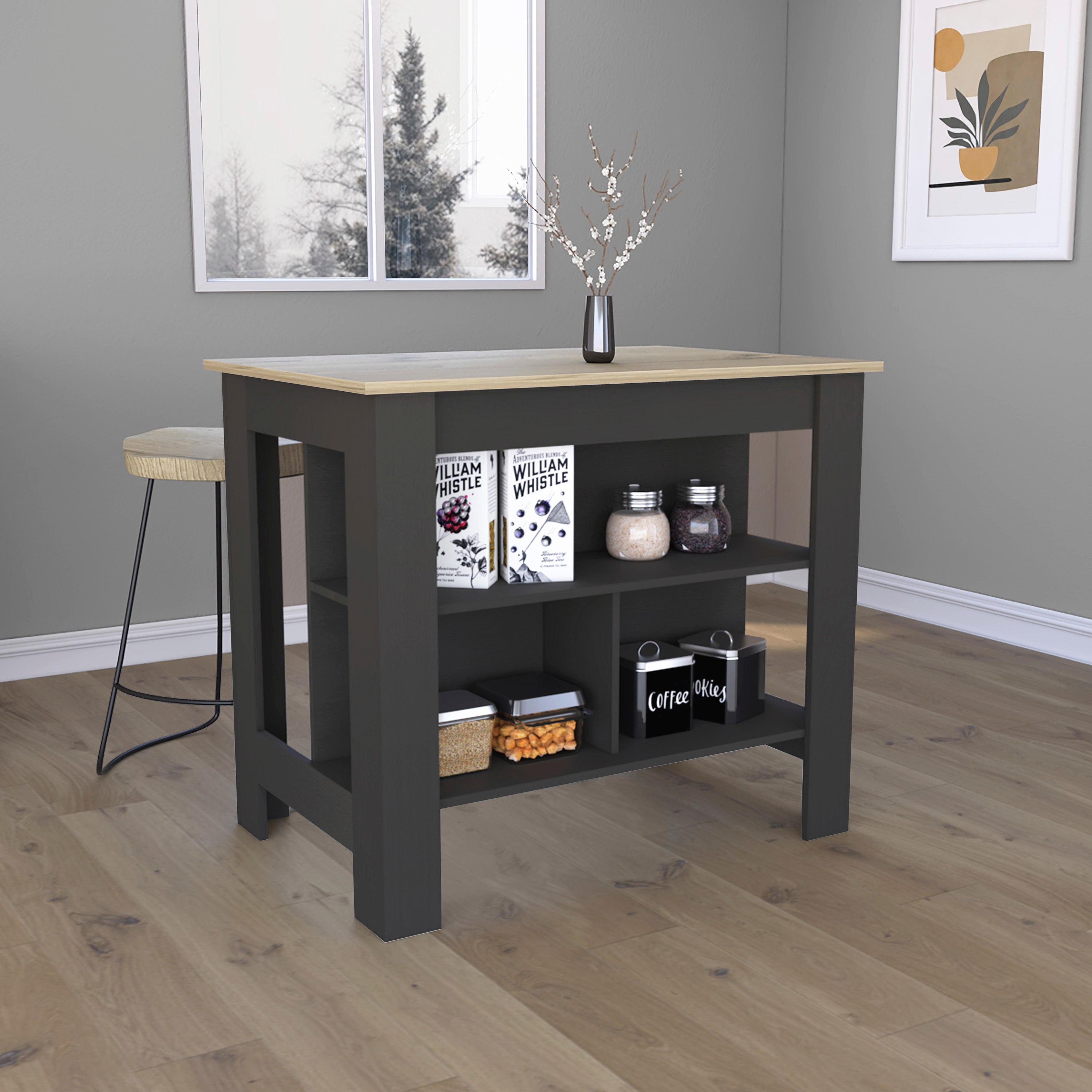 Dozza Kitchen Island, 3 Shelves, Black/Oak