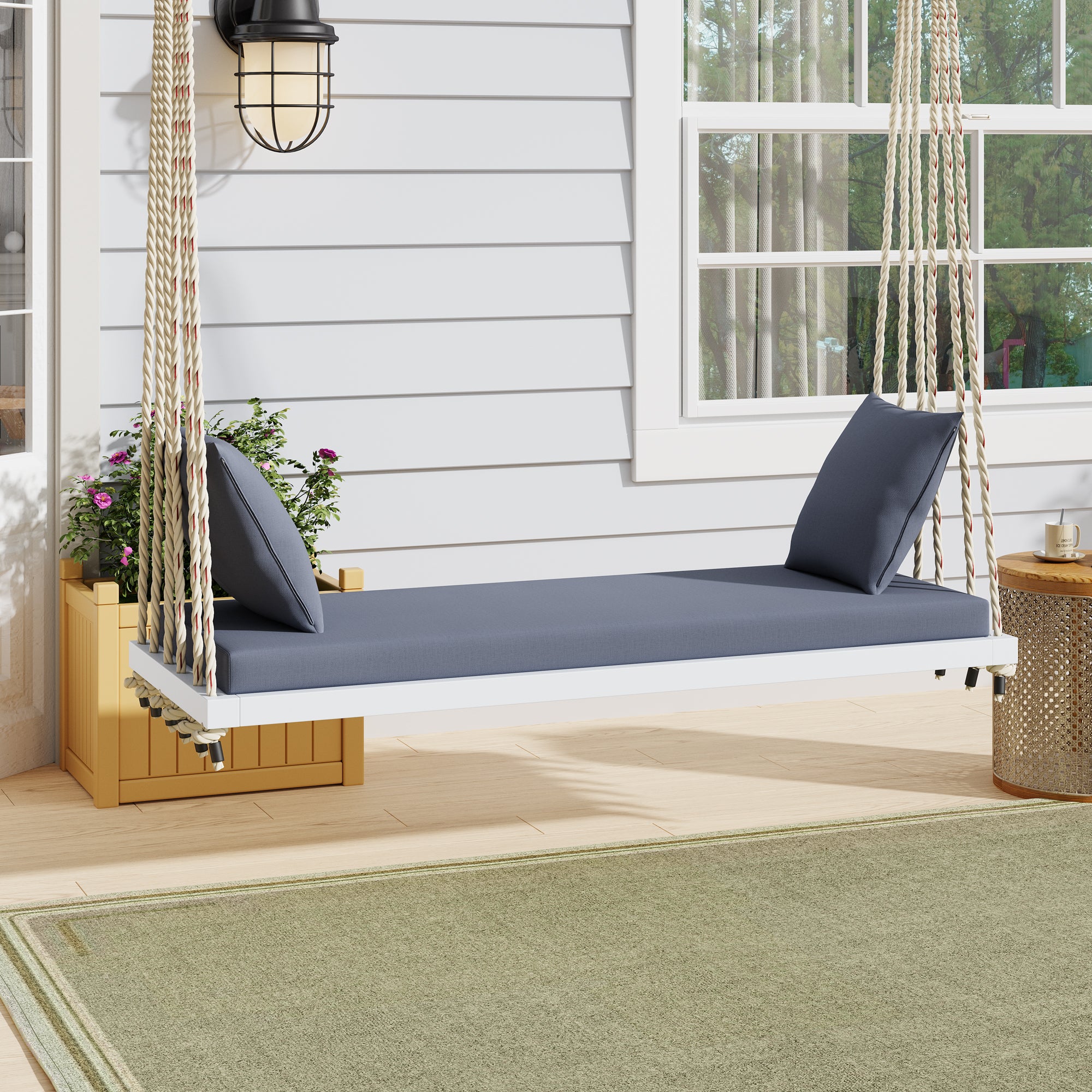 TOPMAX Patio Wooden Hanging Porch Swing Chair with Cushion&Pillows