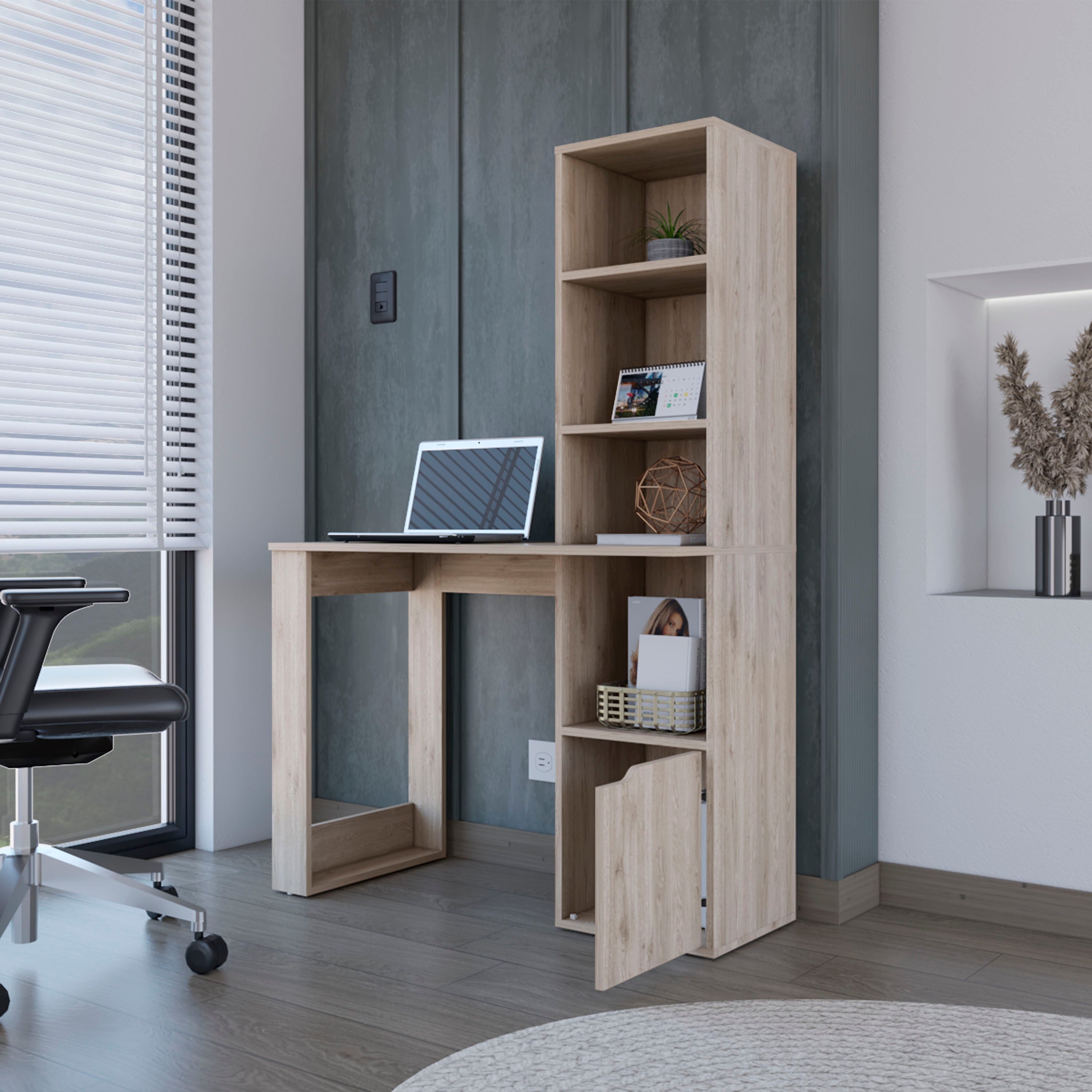 Bicknell Computer Desk w/ Cabinet & Shelves - Light Gray