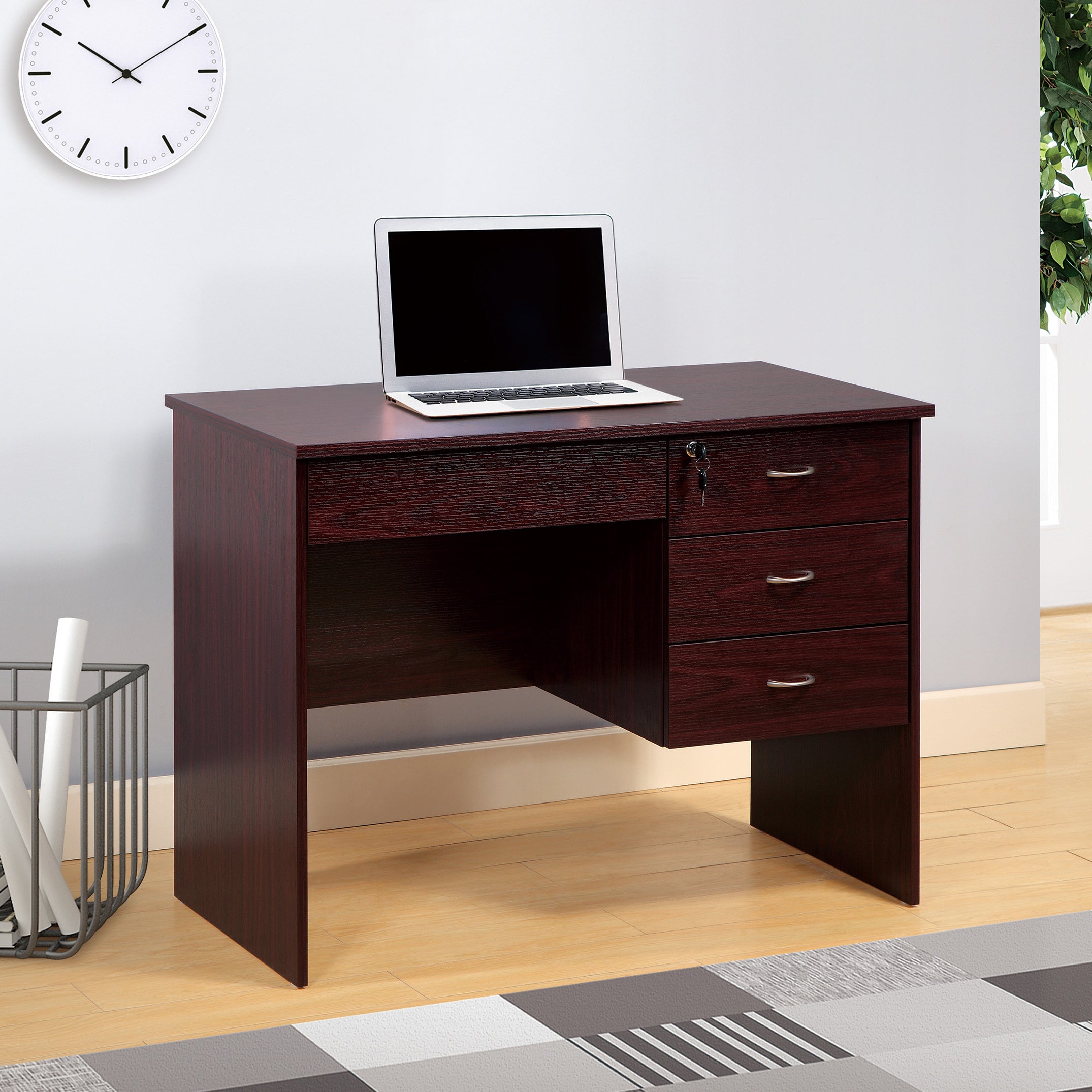 Mahogany Student Desk w/ 3 Locking Drawers & Modesty Panel