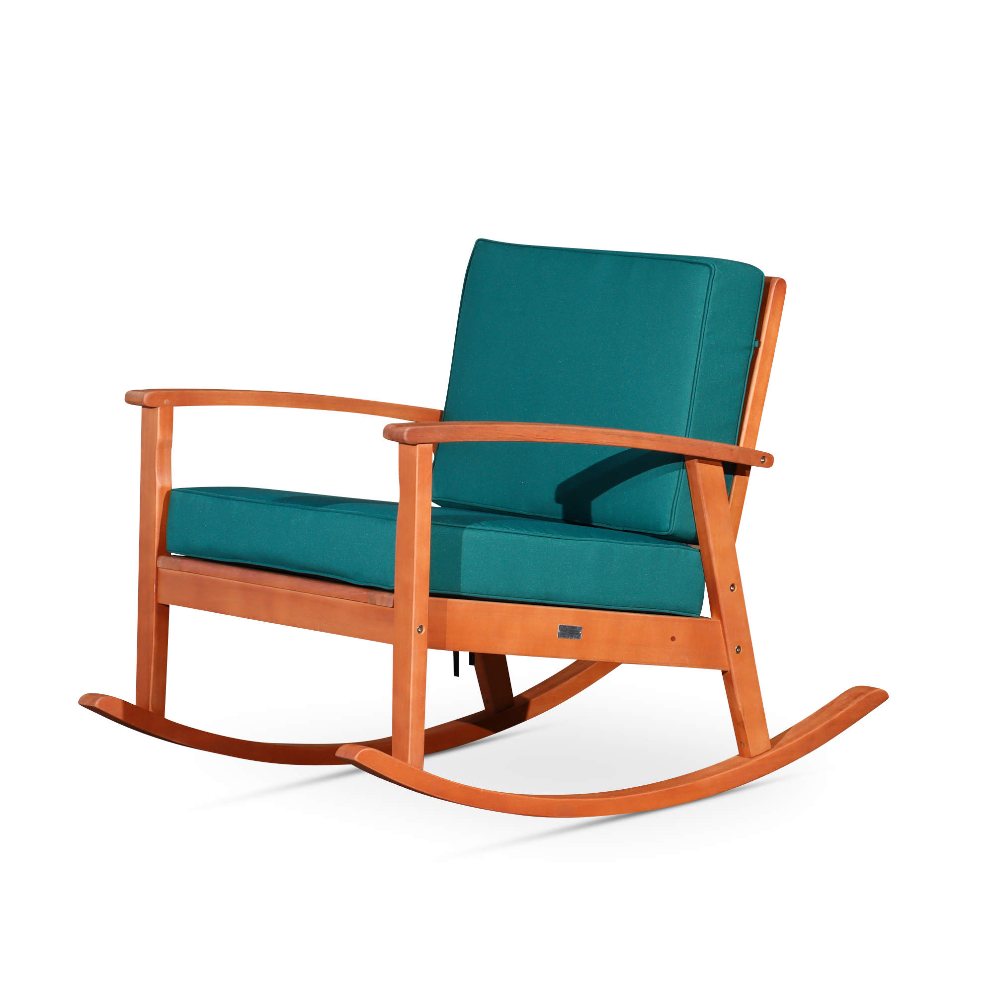 Comfortable Eucalyptus Rocking Chair w/ Dark Green Cushions, Oil Finish