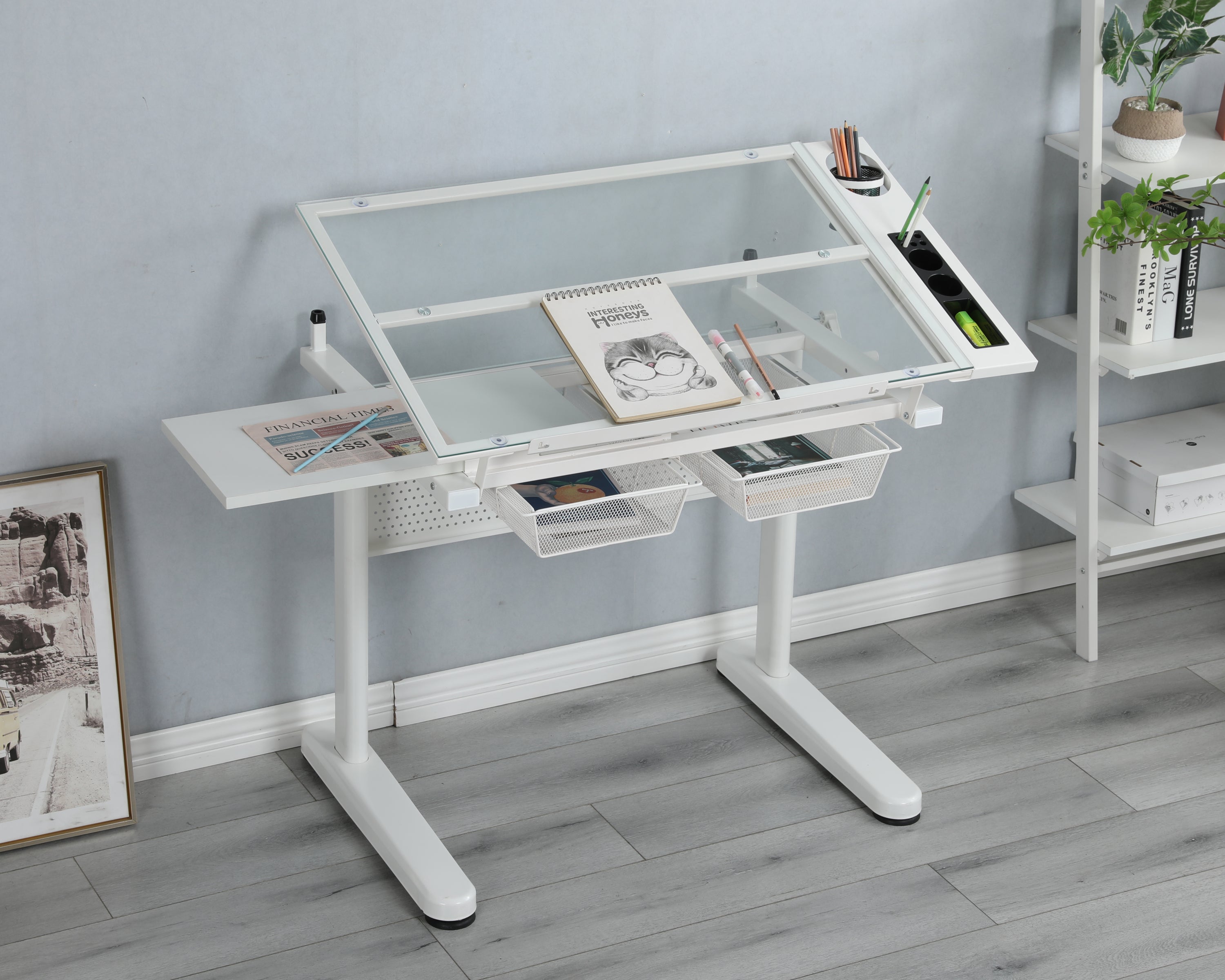 Hand Crank Drafting Table Set w/ Stool & Drawers - White