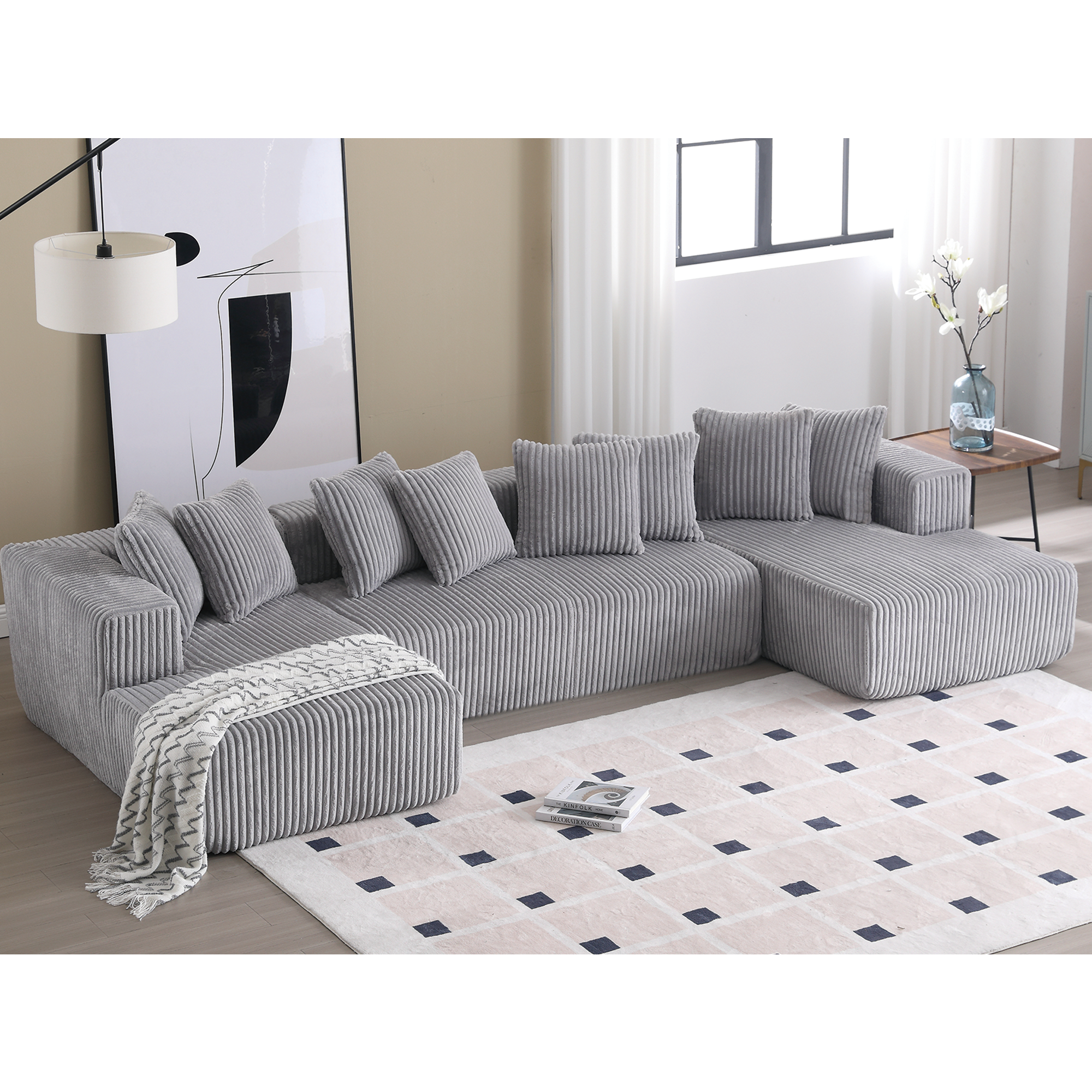 133" Modular Sectional Couch, U-Shape Sofa w/ Chaise, Gray Corduroy