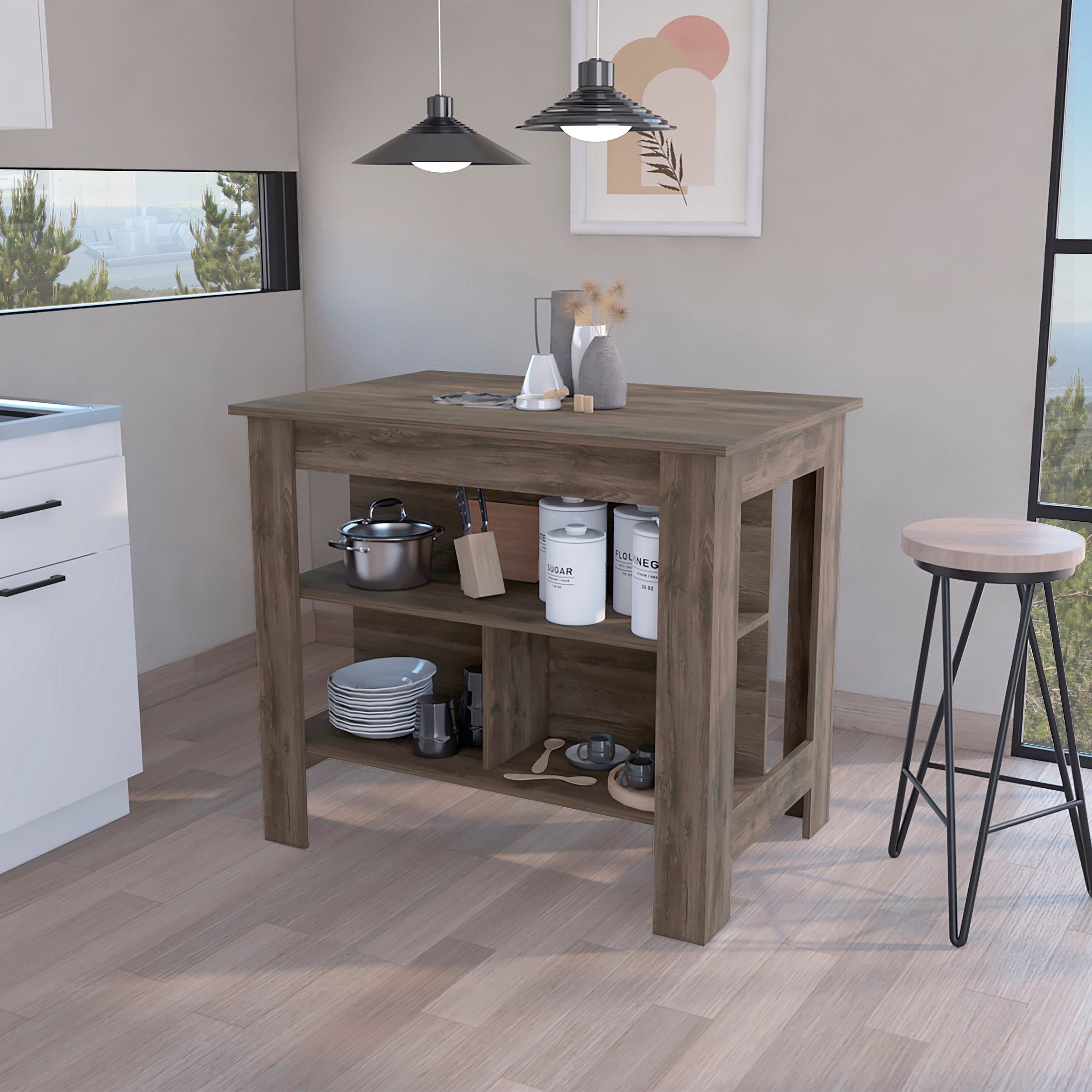 Dozza Kitchen Island, 3 Shelves, Dark Brown