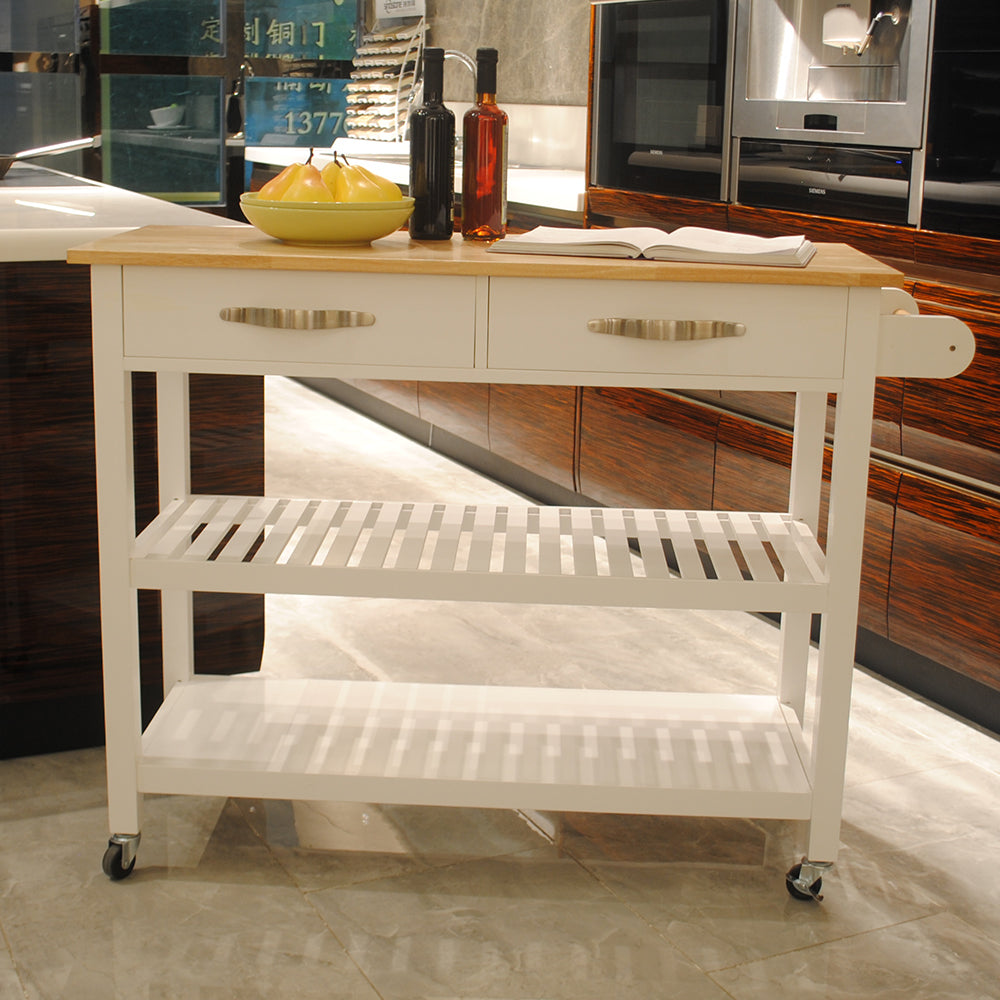 Mobile Kitchen Island Cart, Rubber Wood Top, Locking Wheels, 2 Drawers