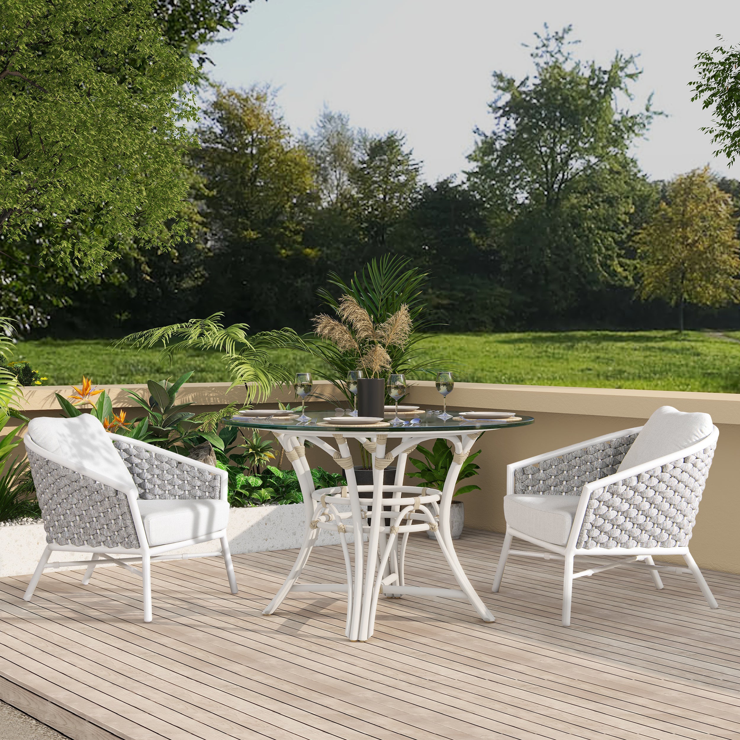 Rowan Optic White Rope Barrel Patio Arm Chairs, Set of 2