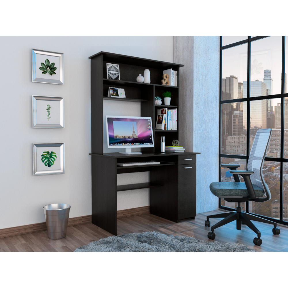Hutch Desk w/ Shelves, Keyboard Tray & Drawer - Black