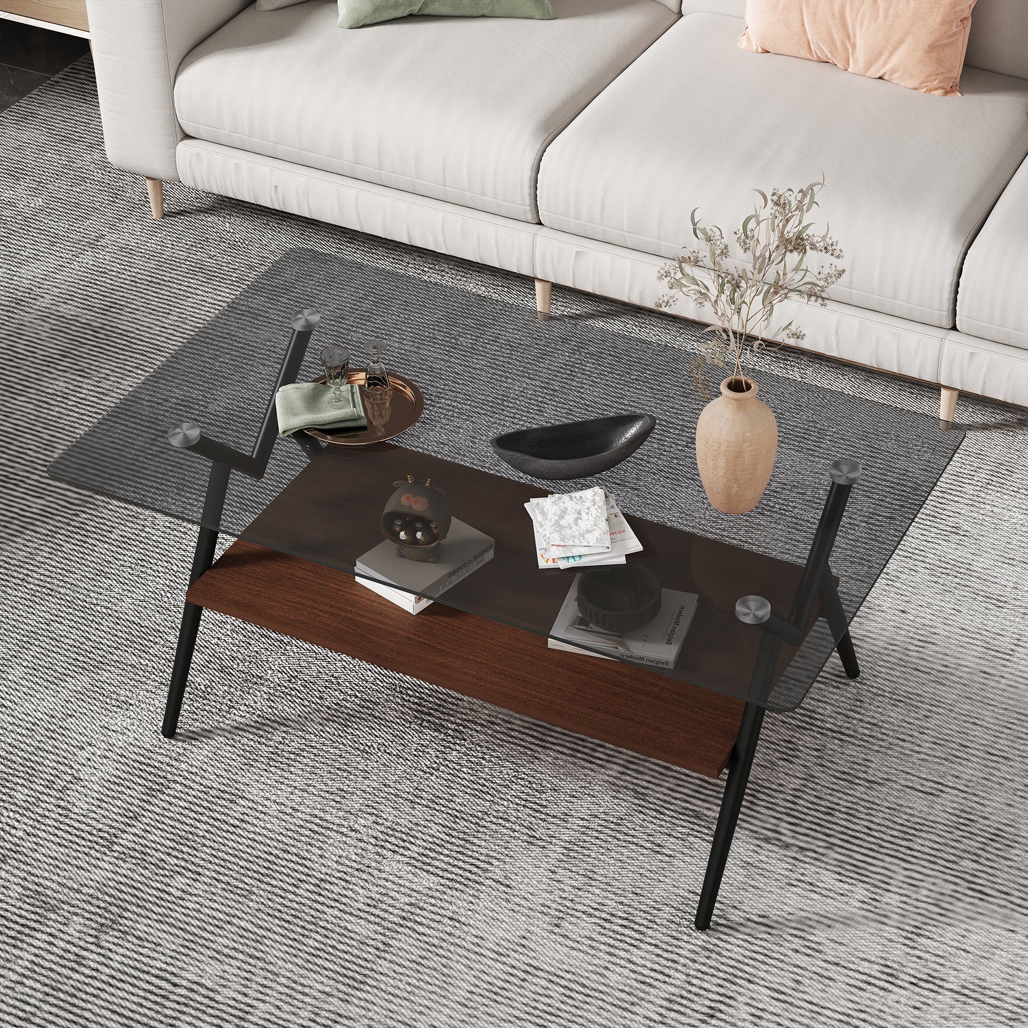 Modern Gray Glass Rectangle Coffee Table with Shelf