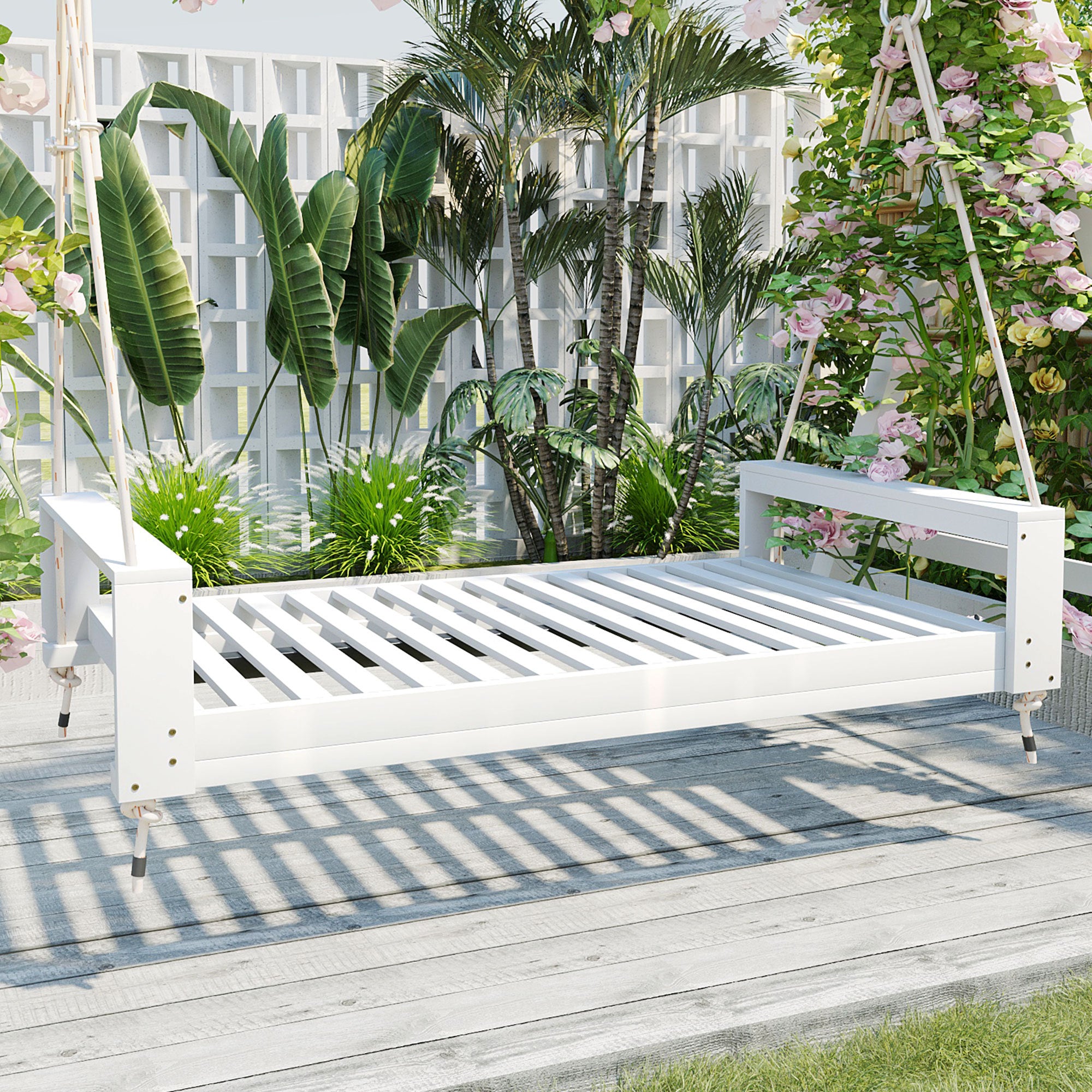 TOPMAX Twin White Acacia Wood Porch Swing Bed for Patio Garden