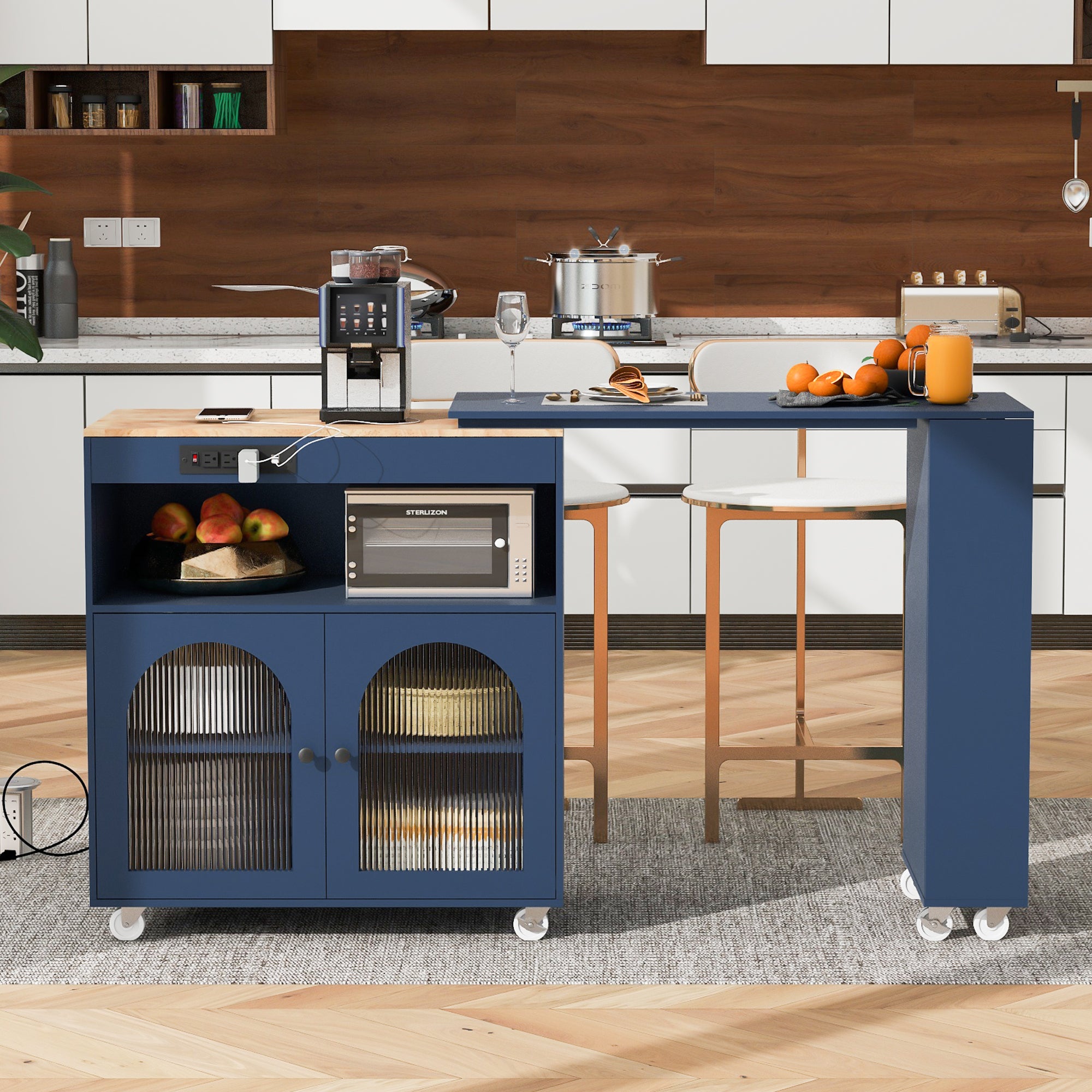 Rolling Kitchen Island w/ Extended Table, LED Lights & Storage - Navy