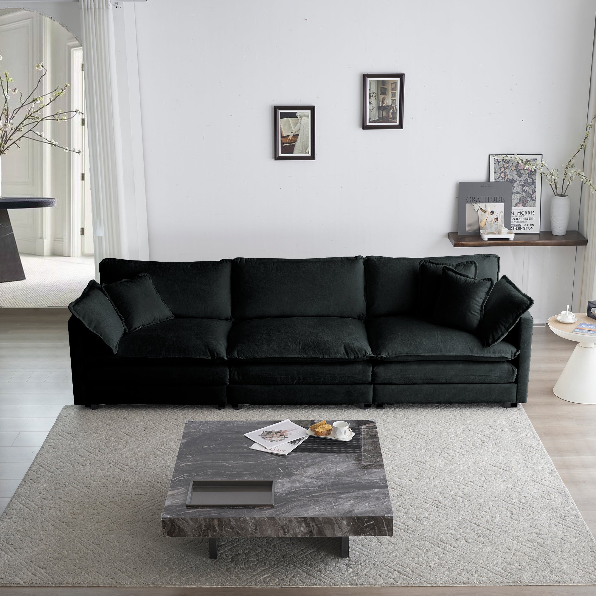 Mid-Century Modern Black Chenille Sofa