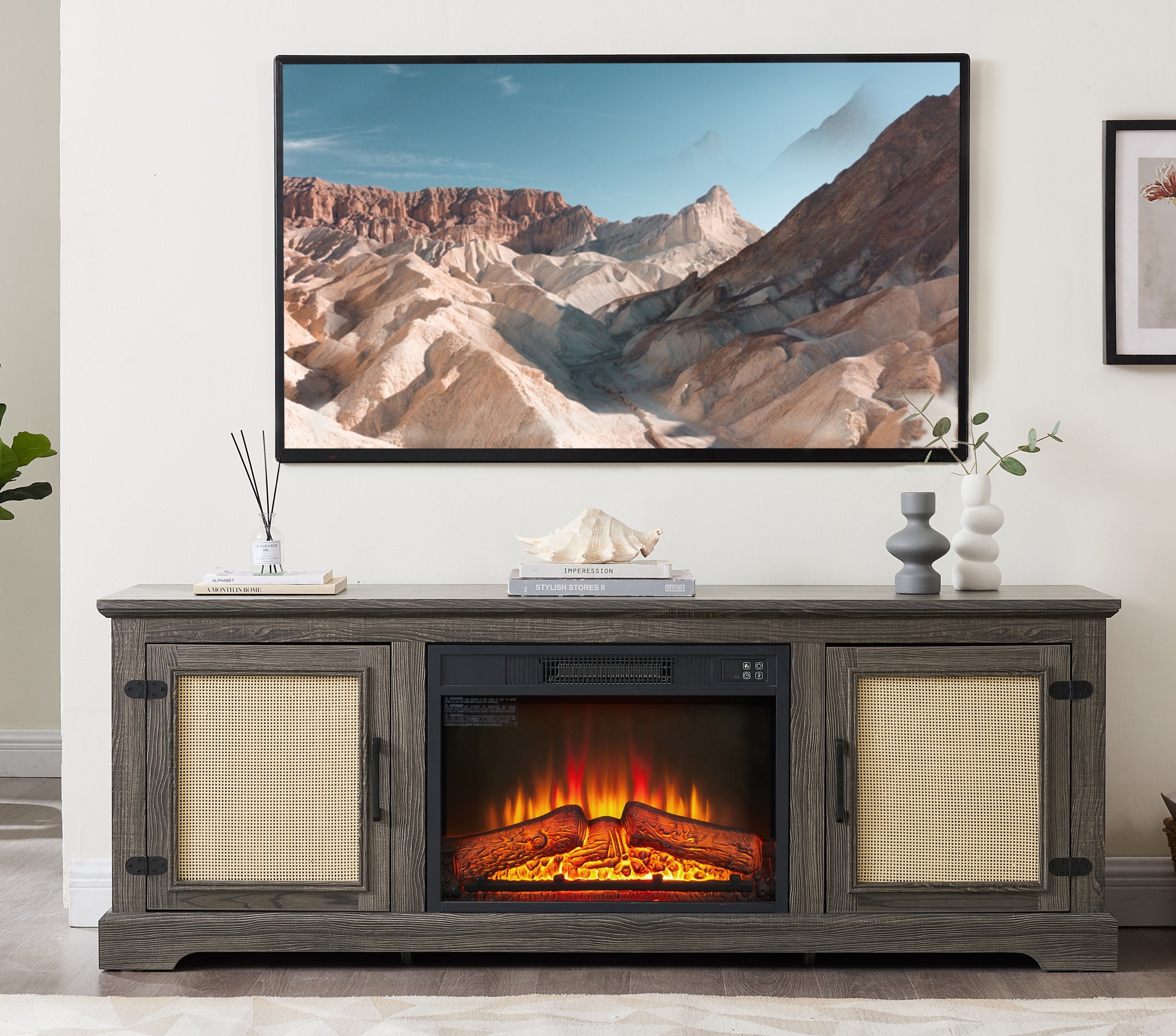 Natural Rattan TV Stand Console Cabinet for 70" TVs