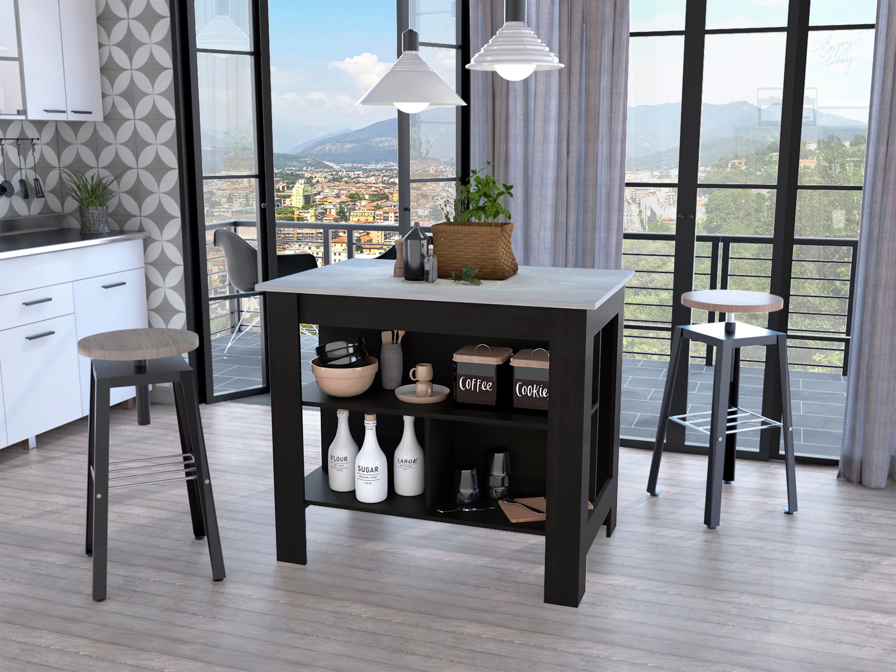 Rockaway Kitchen Island | Black & Ibiza Marble | 3-Shelf