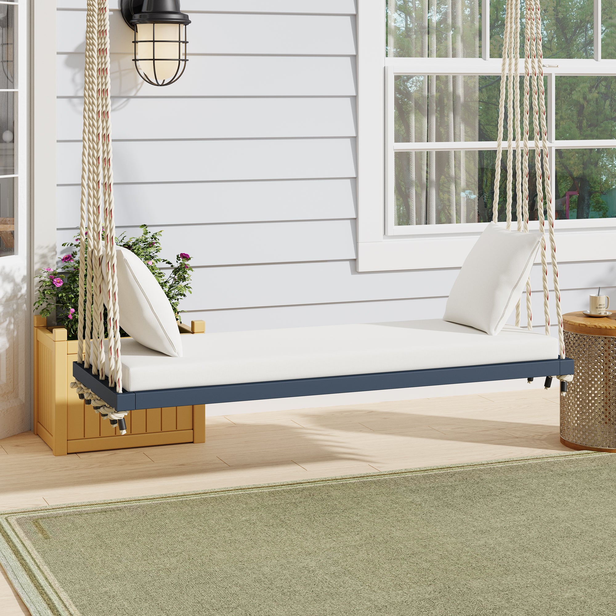 TOPMAX Wooden Patio Swing Chair: Hanging Porch Bench, Cushions, Ropes, Gray