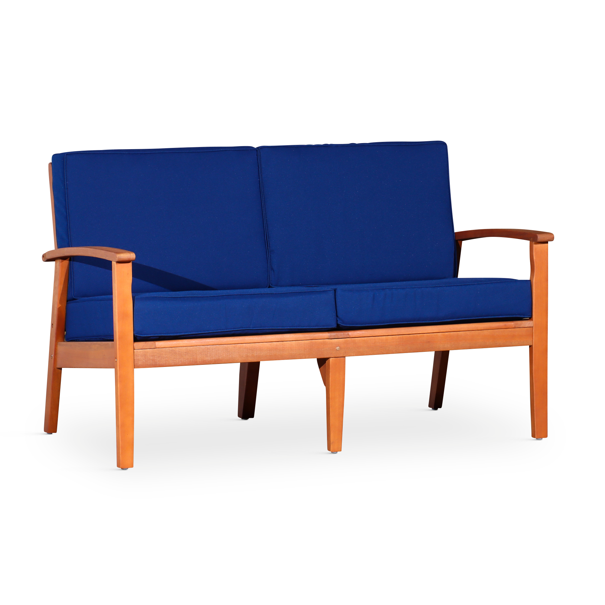 Eucalyptus Loveseat w/ Navy Cushions | Natural Oil Finish