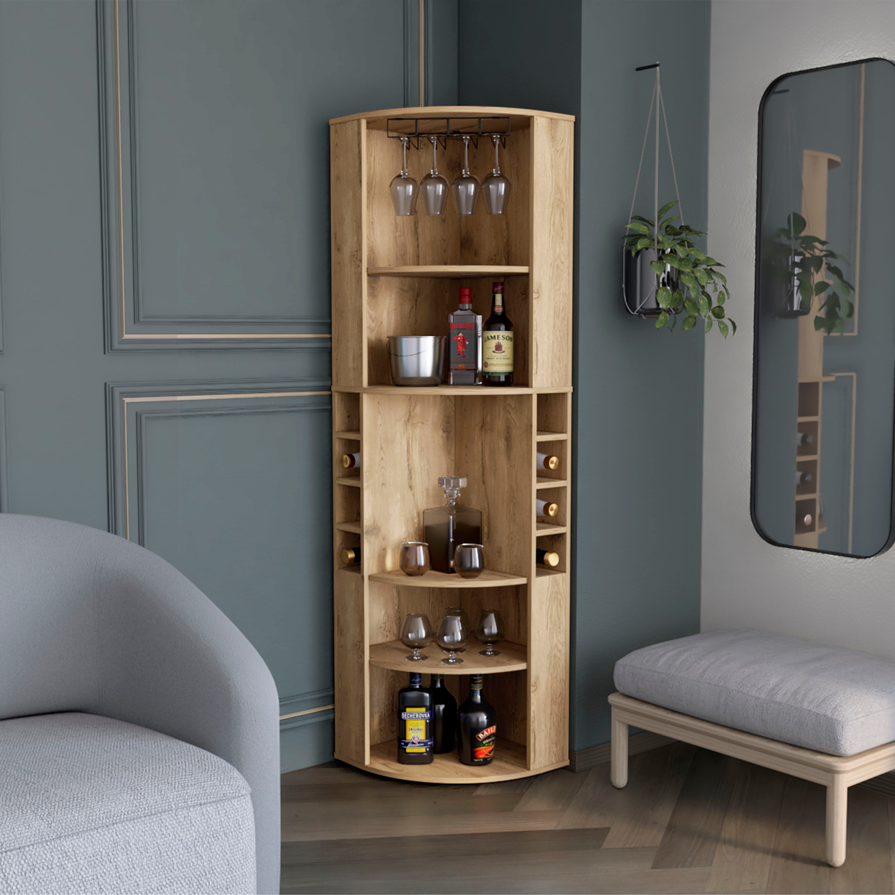 Oban Bar Cabinet: 5 Shelves, 8 Bottle Cubbies