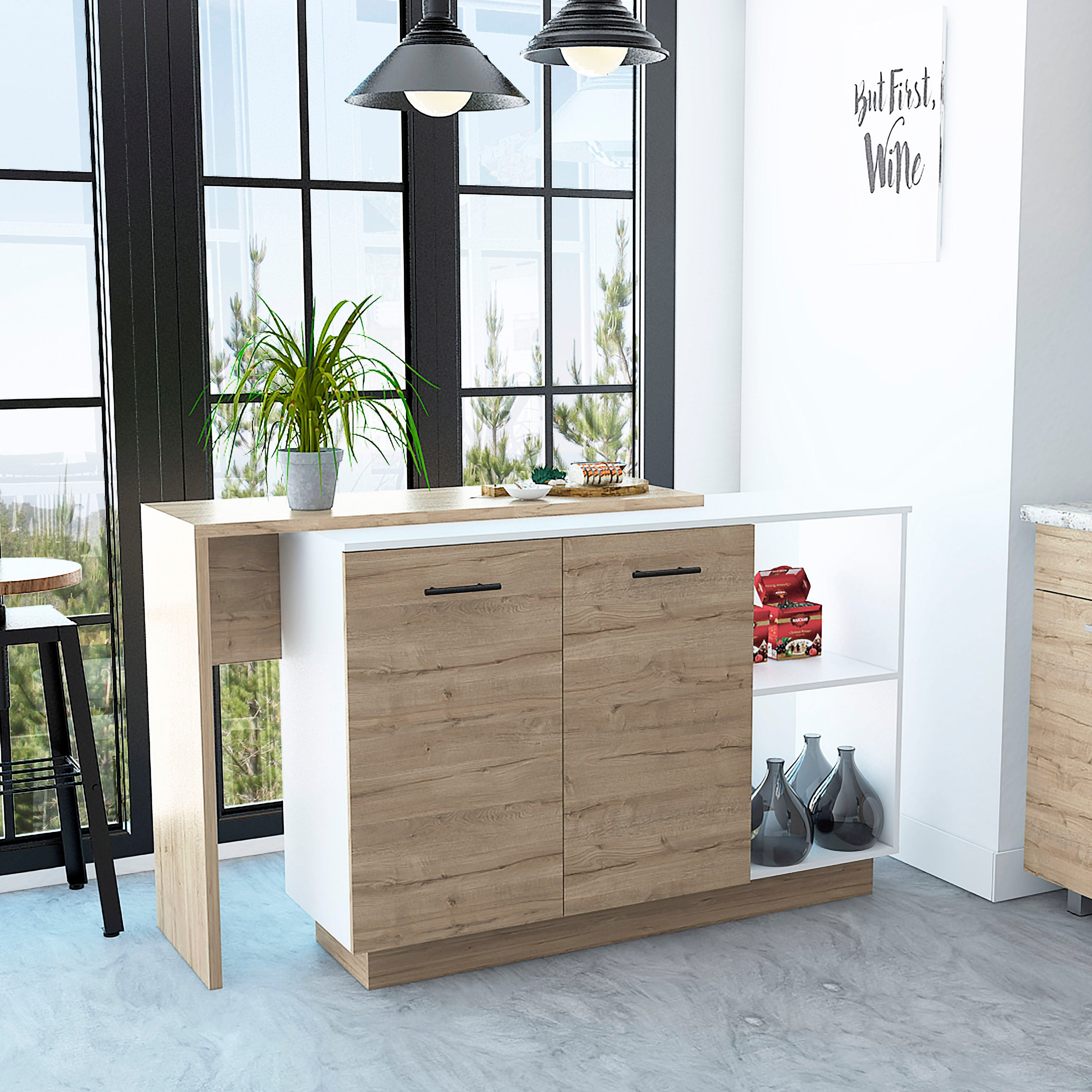 Sicilia Kitchen Island w/ Shelves & Cabinets - White/Oak