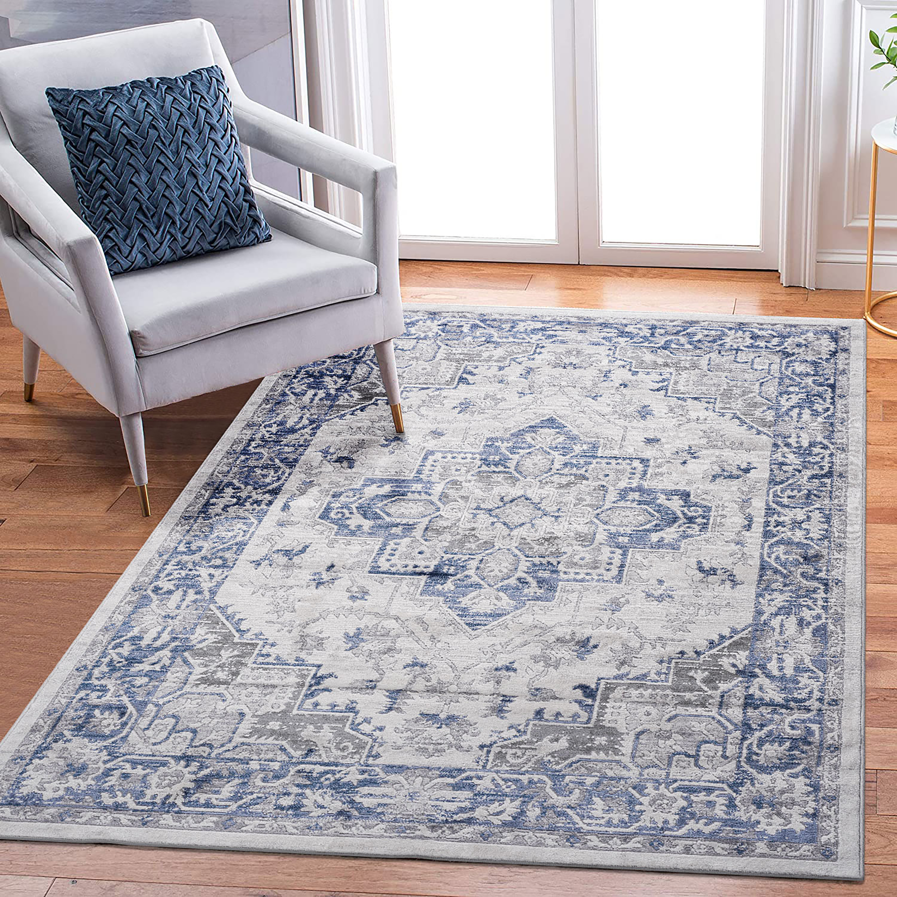 Blue/Grey Area Rug: 6x9 Non-Shedding Stain Resistant