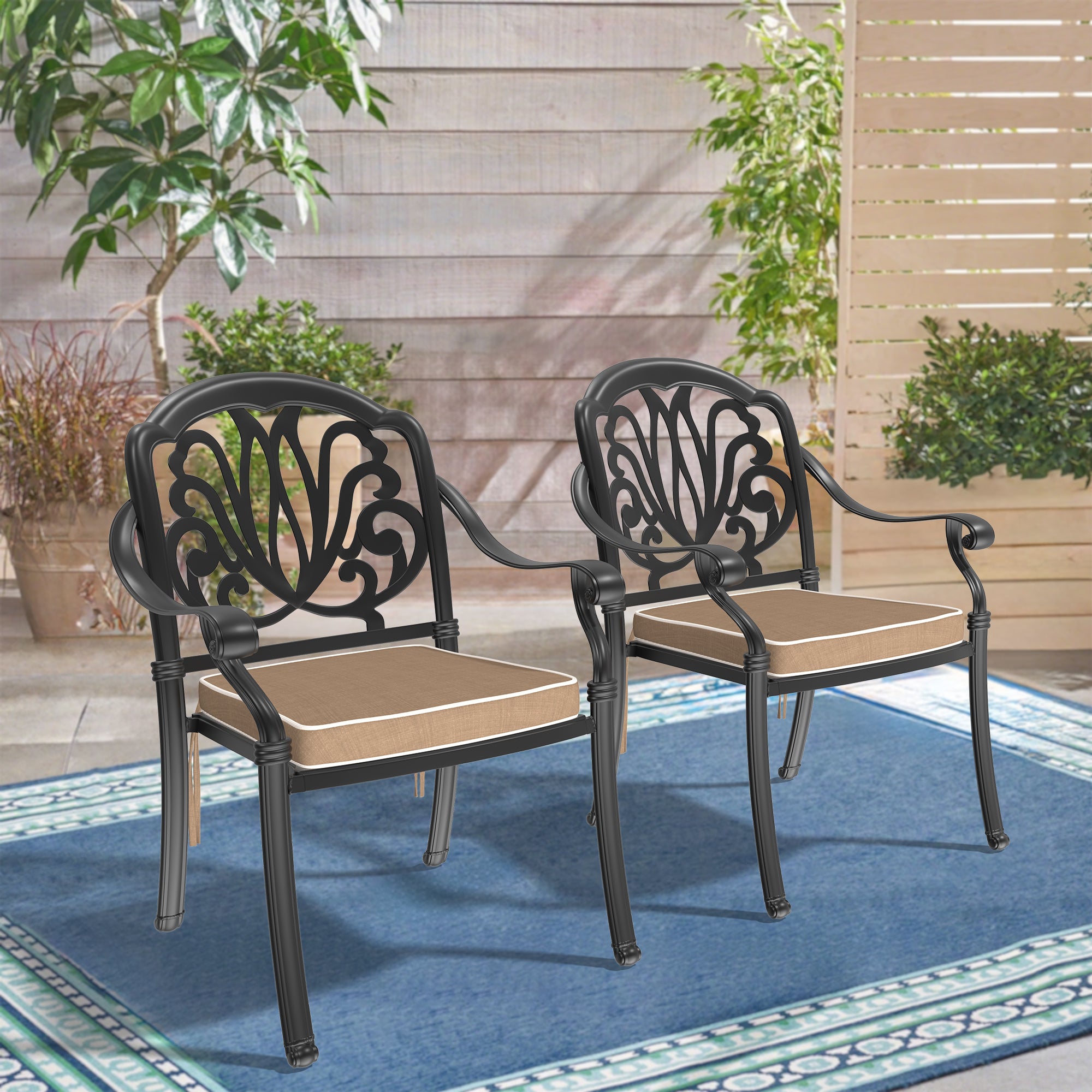 2PC Cast Aluminum Patio Dining Chairs - Black Frame, Brown Cushions