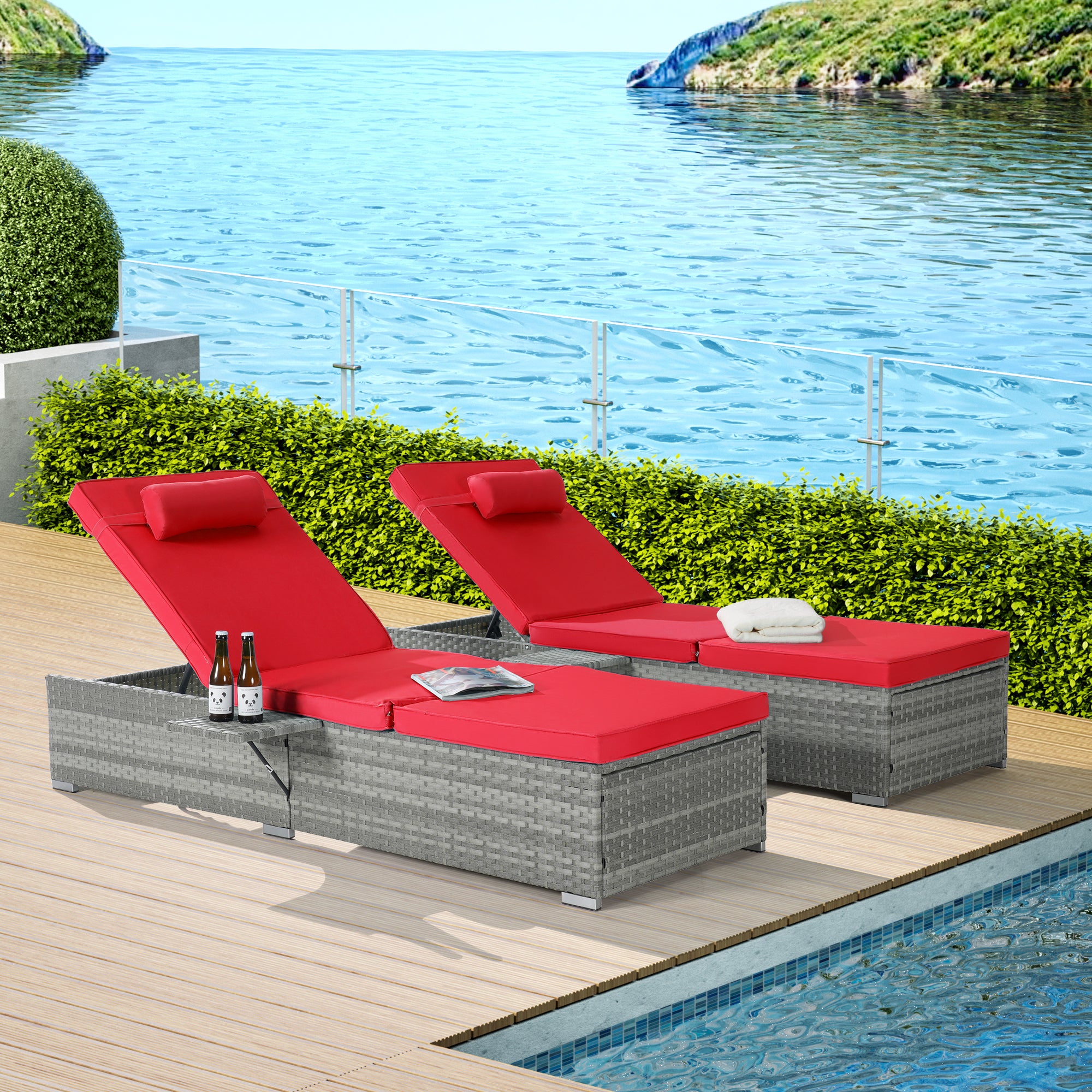 Outdoor Rattan Chaise Lounge Set of 2 with Adjustable Table Cushion