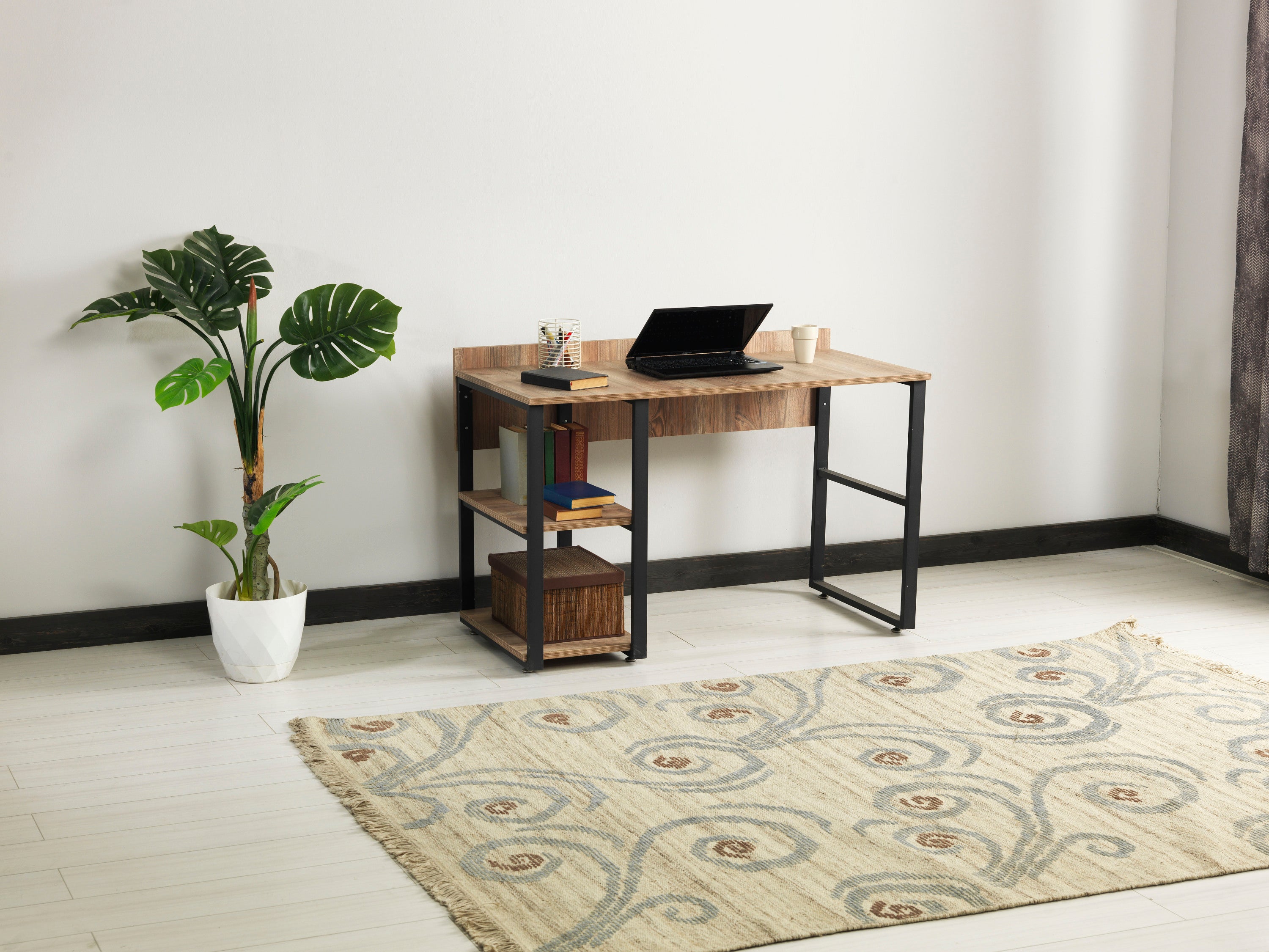 Rasse Black Metal Desk, 58" Oak Top, 2 Shelves