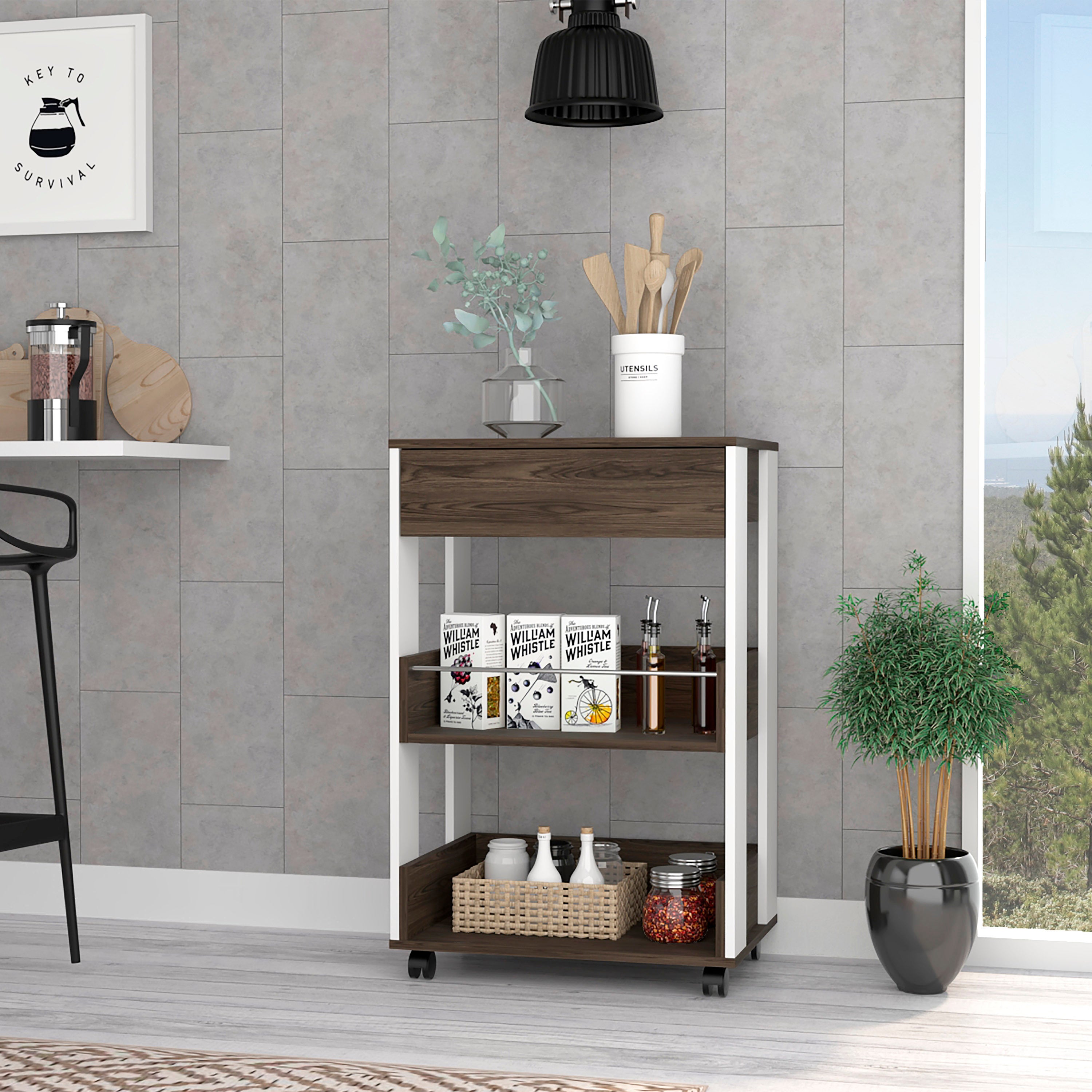 White & Dark Walnut Kitchen Cart: 1 Drawer, 2 Shelves