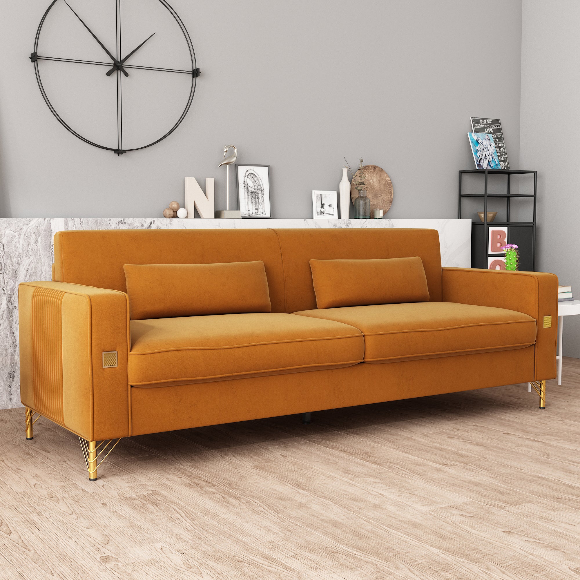 Luxury Velvet Sofa: Gold Accents & Plush Cushions