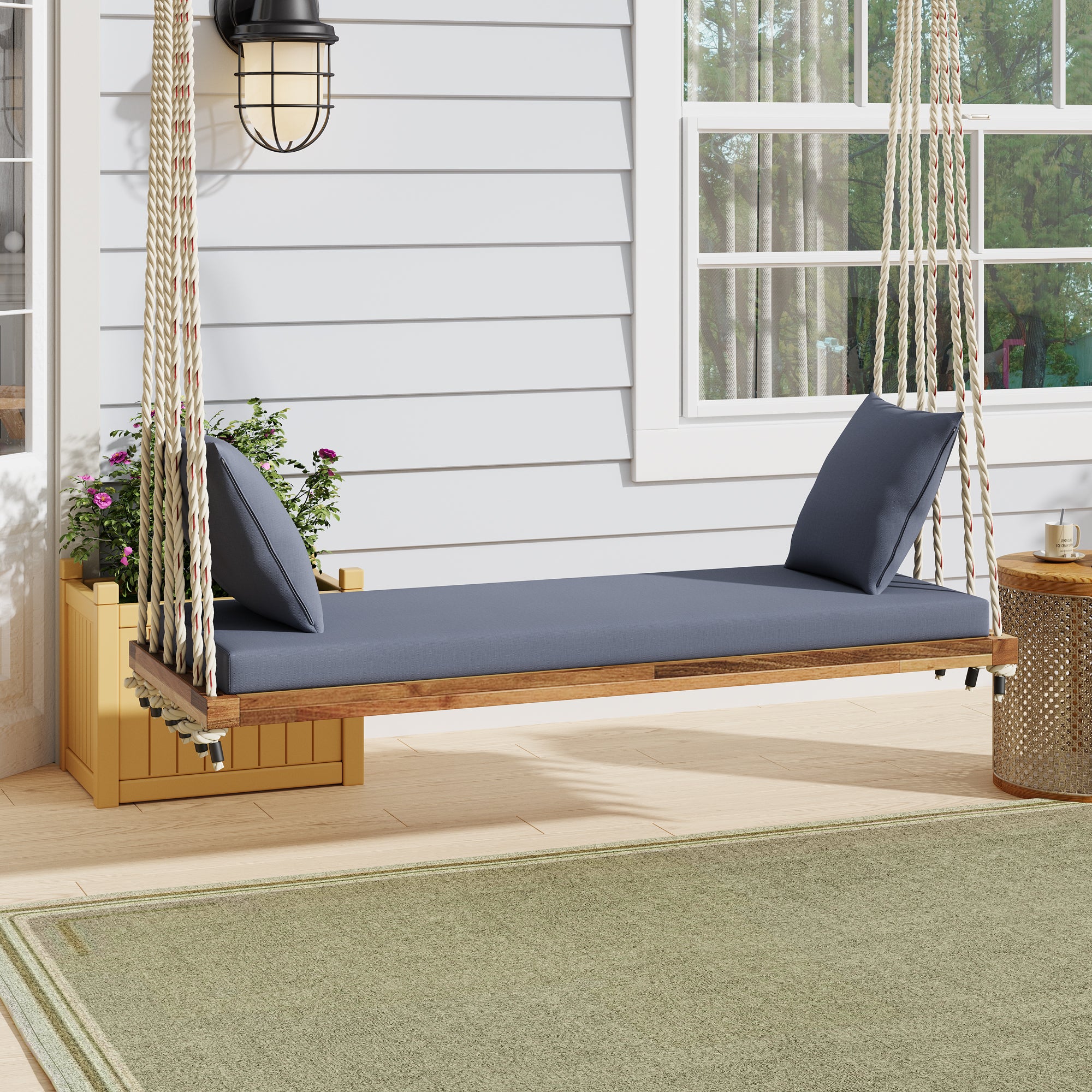 TOPMAX Wooden Patio Hanging Porch Swing Chair w/ Cushions
