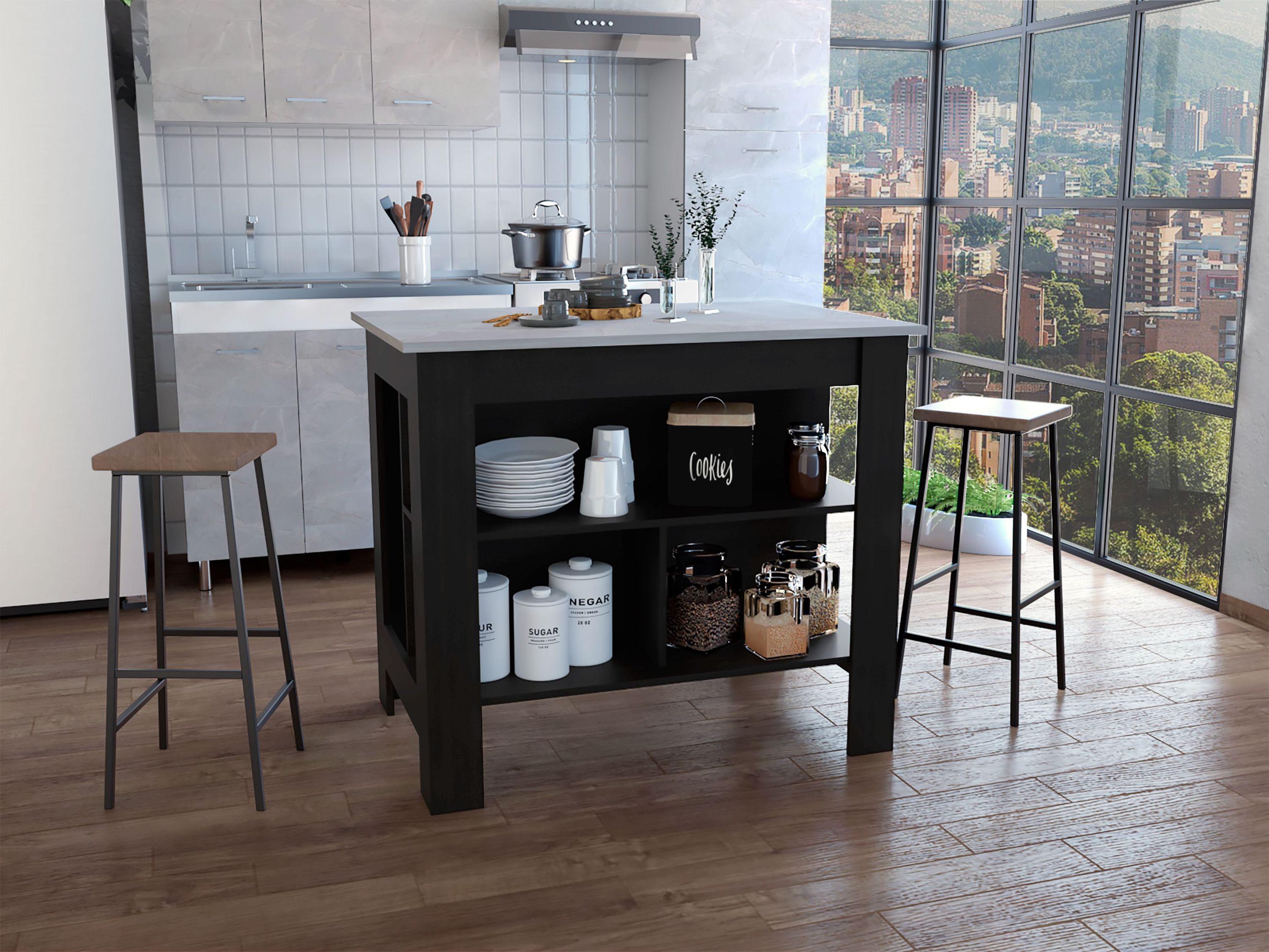 Black Kitchen Island Table w/ Marble Top & 3 Shelves