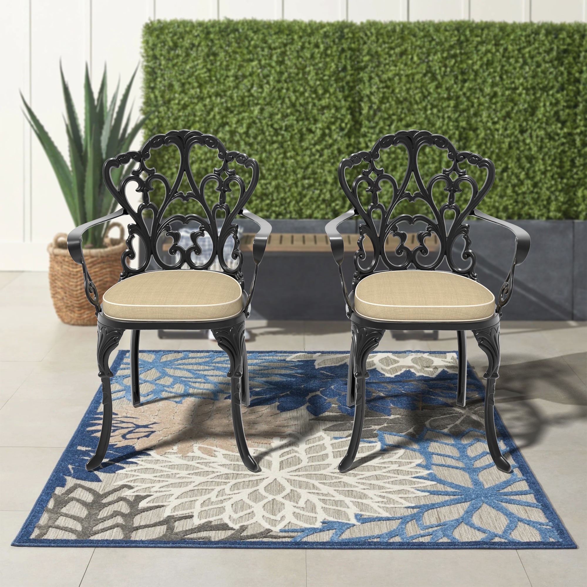 2-Pack Cast Aluminum Outdoor Dining Chairs Black/Beige