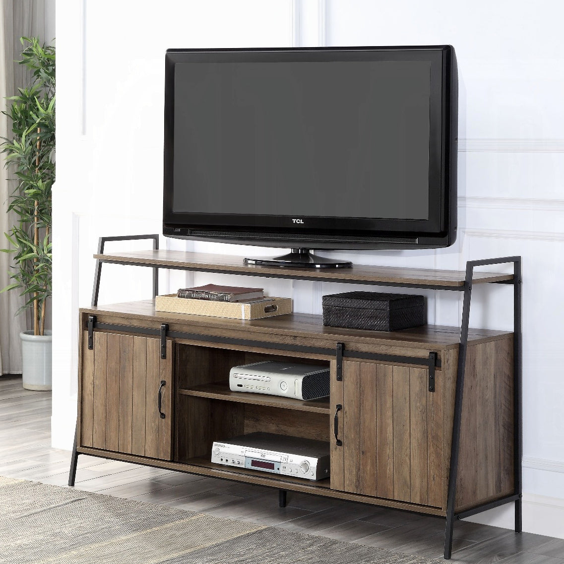 Rustic Oak & Black TV Stand | Sliding Barn Door